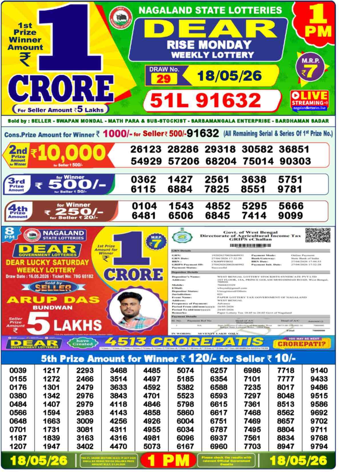 Lottery Sambad Yesterday Result 1pm 18 May 2026