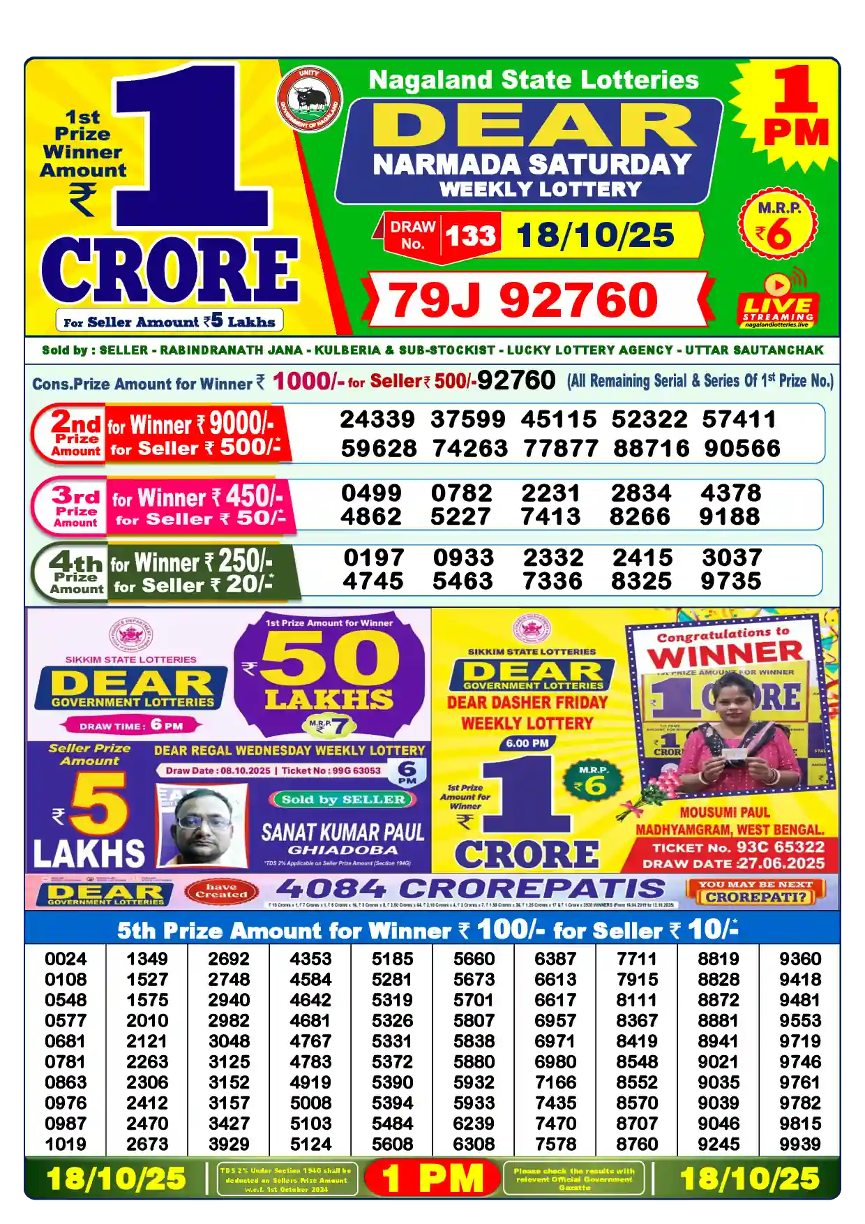 Lottery Sambad 18.10.25 Dear Lottery Result 1pm