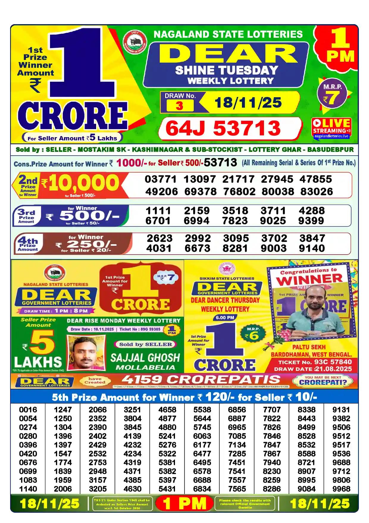 Lottery Sambad 18.11.25 Dear Lottery Result 1pm