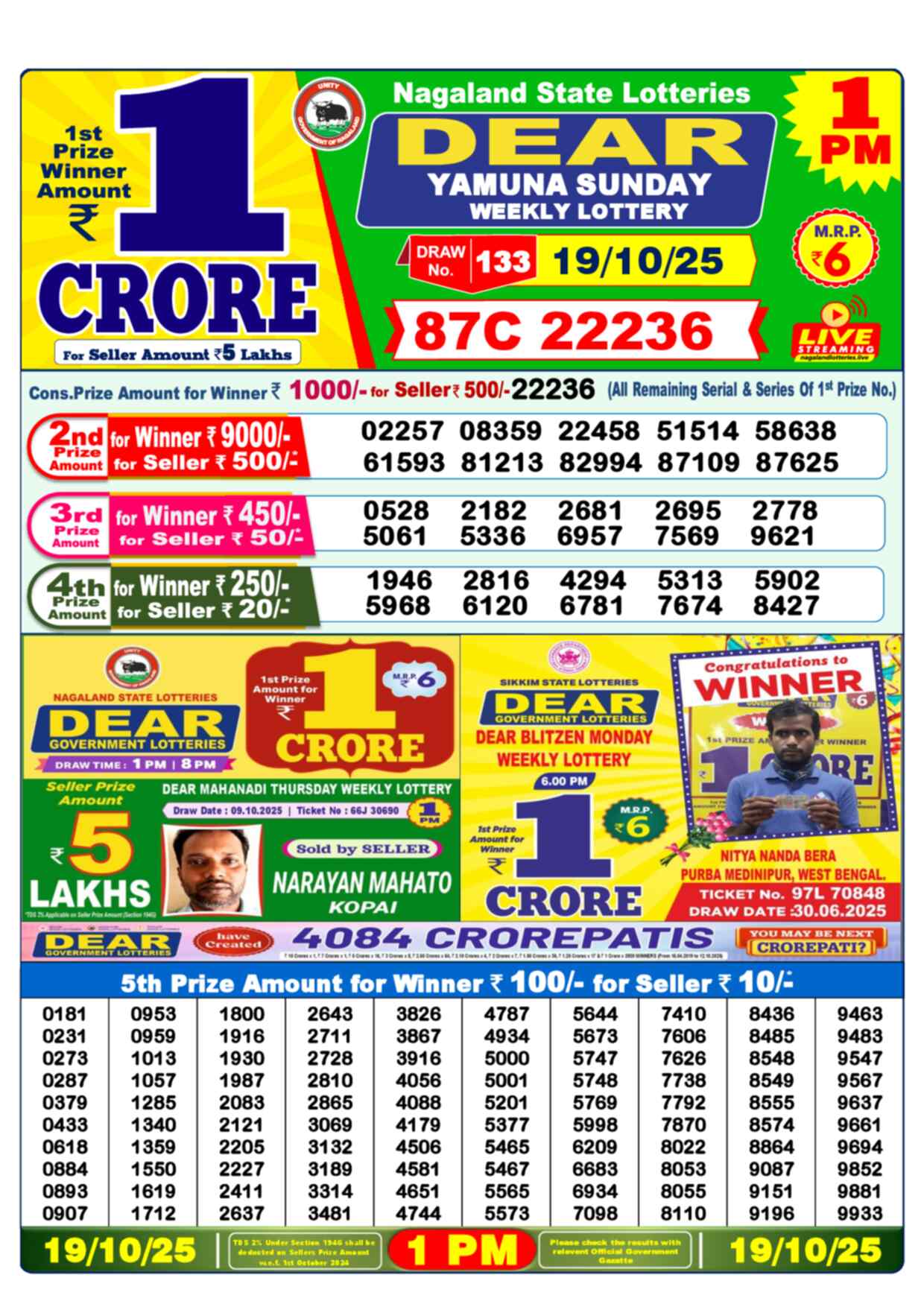 Lottery Sambad Today Result 1pm 19 October 2025