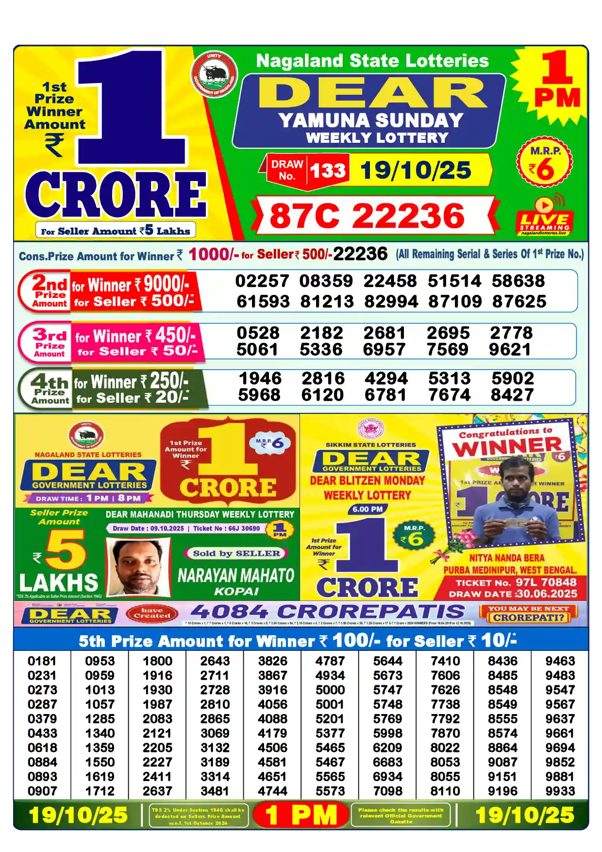 Lottery Sambad 19.10.25 Dear Lottery Result 1pm