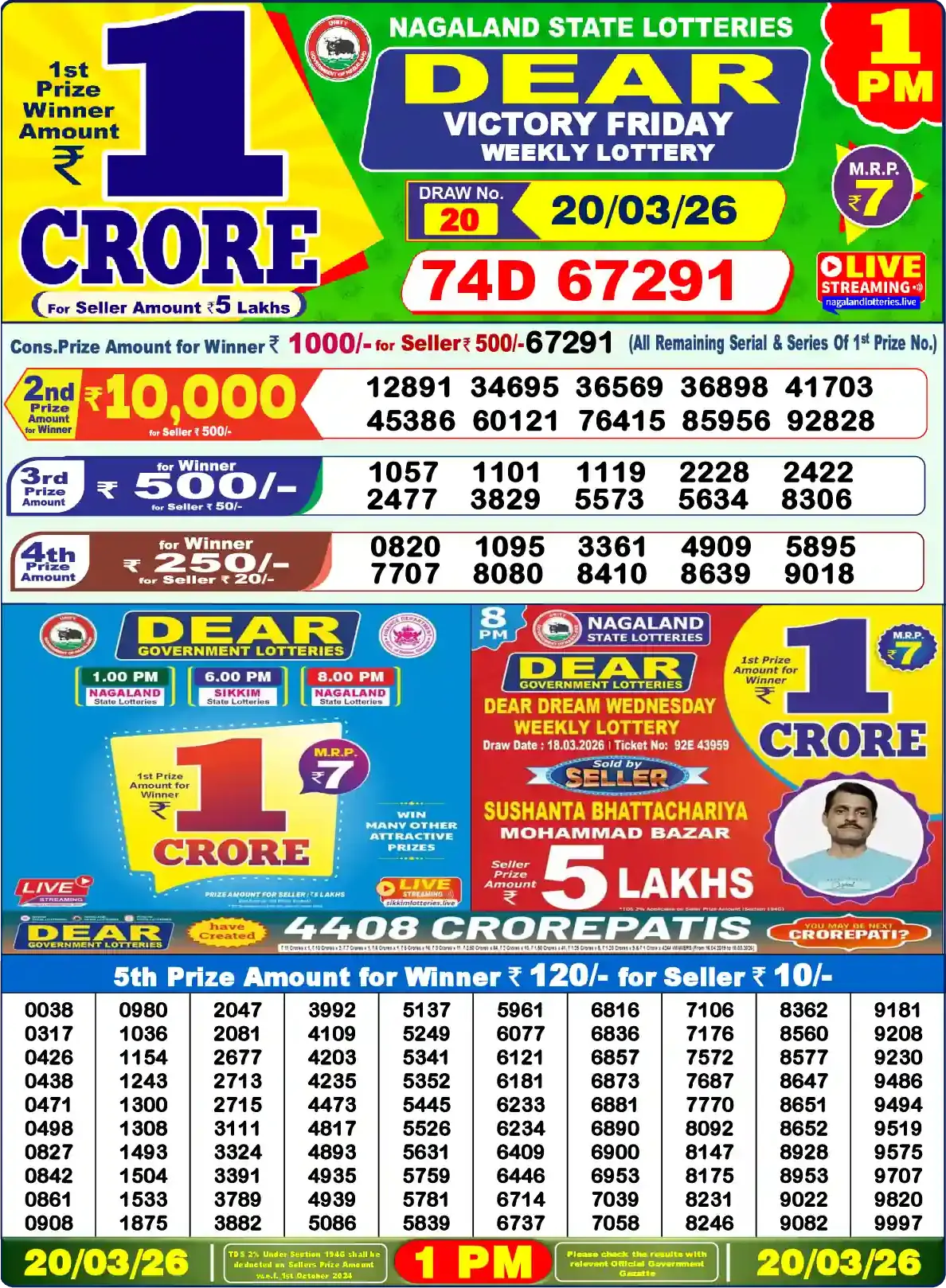Lottery Sambad 20.03.26 Dear Lottery Result 1pm