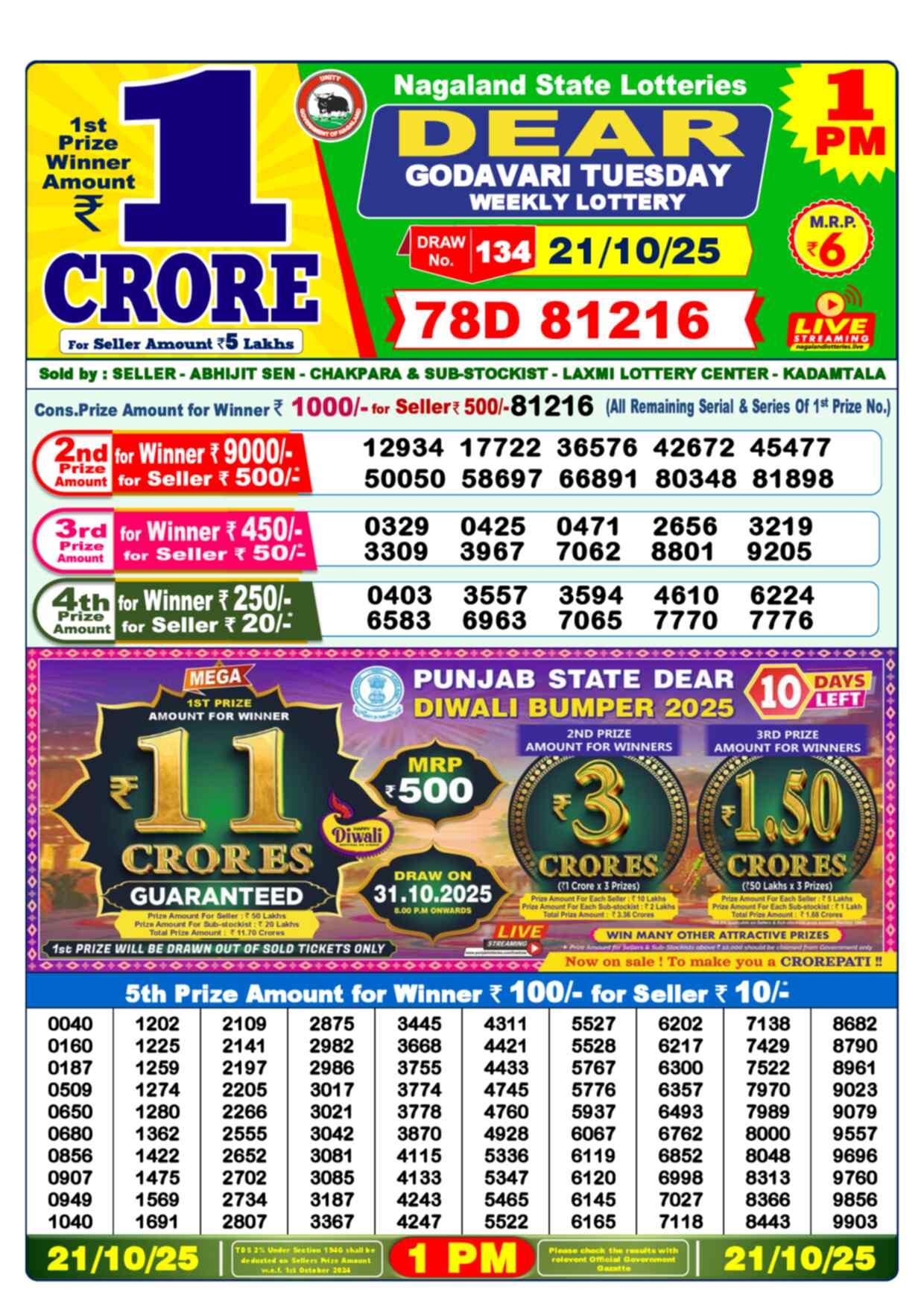 Lottery Sambad 21.10.25 Dear Lottery Result 1pm