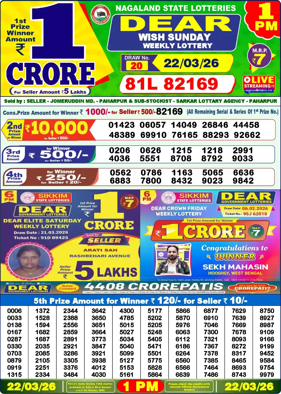 Lottery Sambad 22.03.26 Dear Lottery Result 1pm