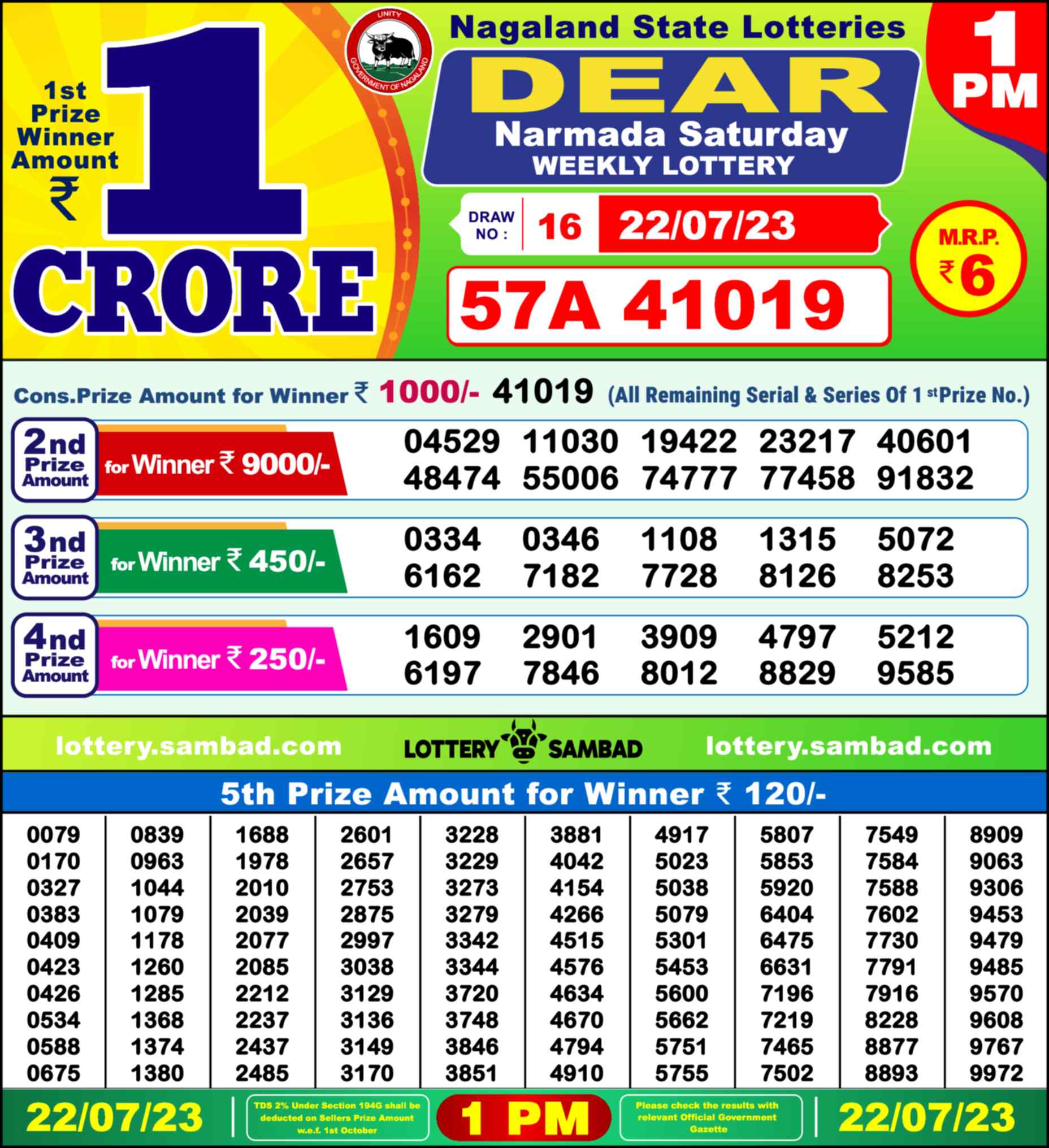 Lottery Sambad 22.07.23 Dear Lottery Result 1pm