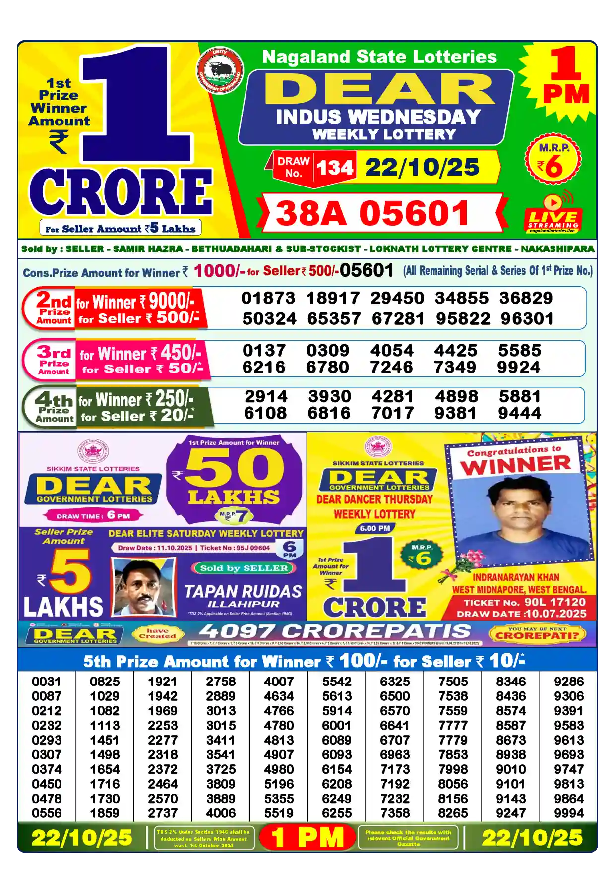 Lottery Sambad 22.10.25 Dear Lottery Result 1pm