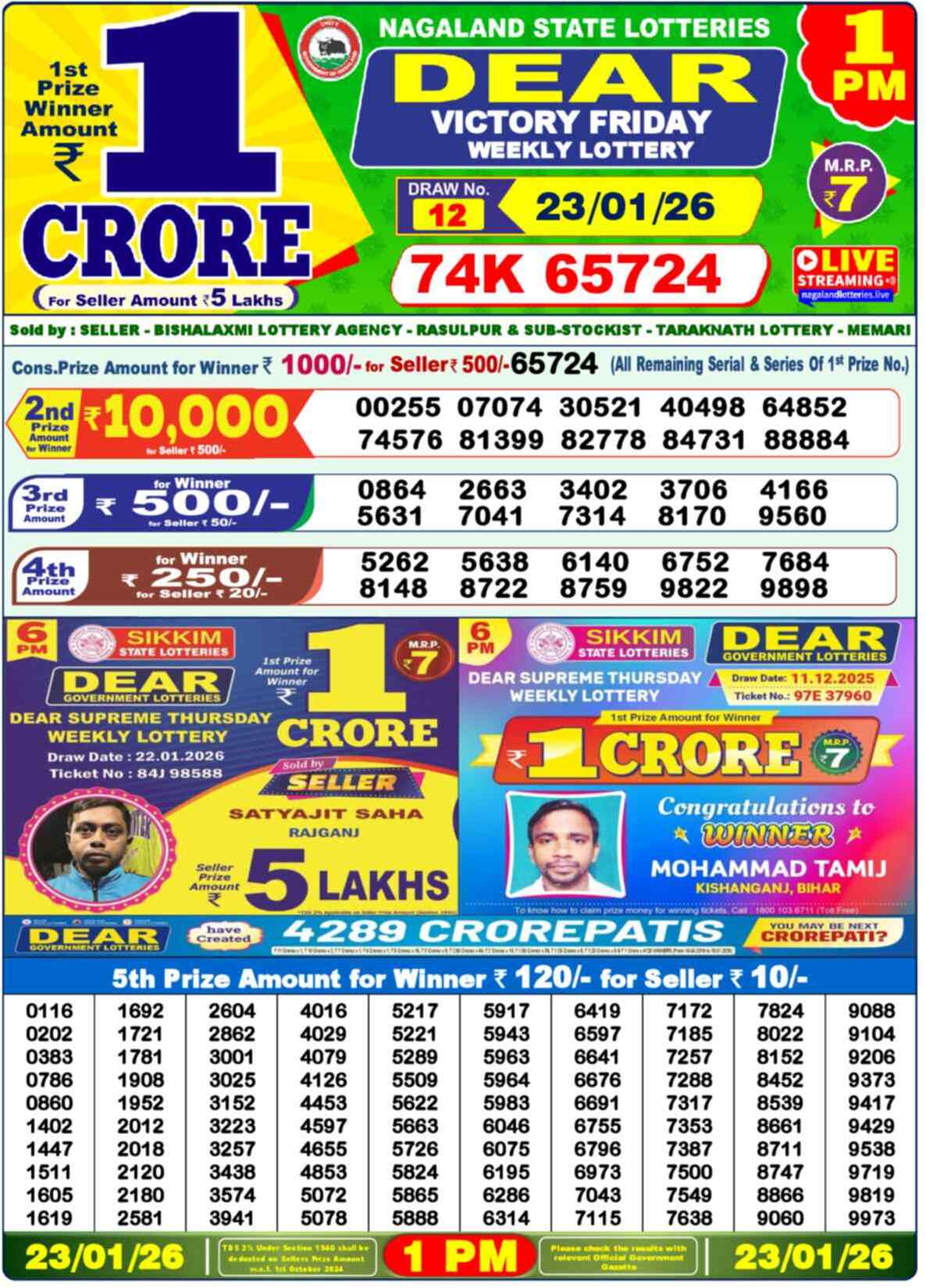 Lottery Sambad 23.01.26 Dear Lottery Result 1pm