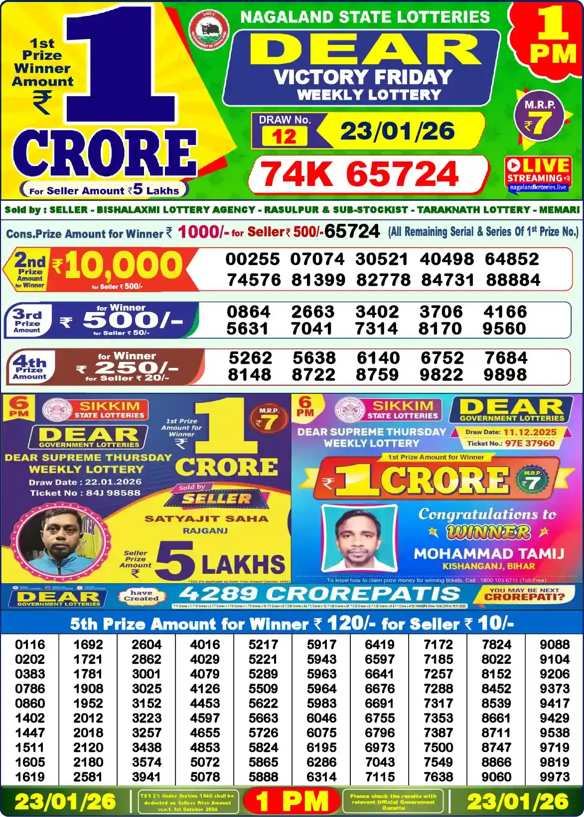 Lottery Sambad 23.01.26 Dear Lottery Result 1pm