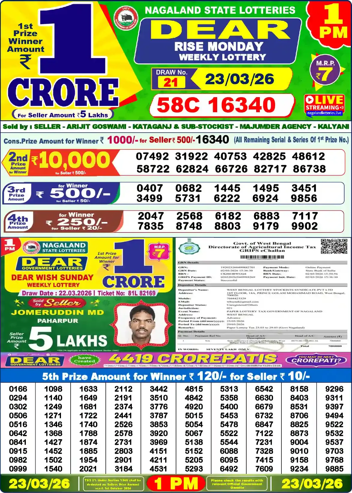 Lottery Sambad 23.03.26 Dear Lottery Result 1pm