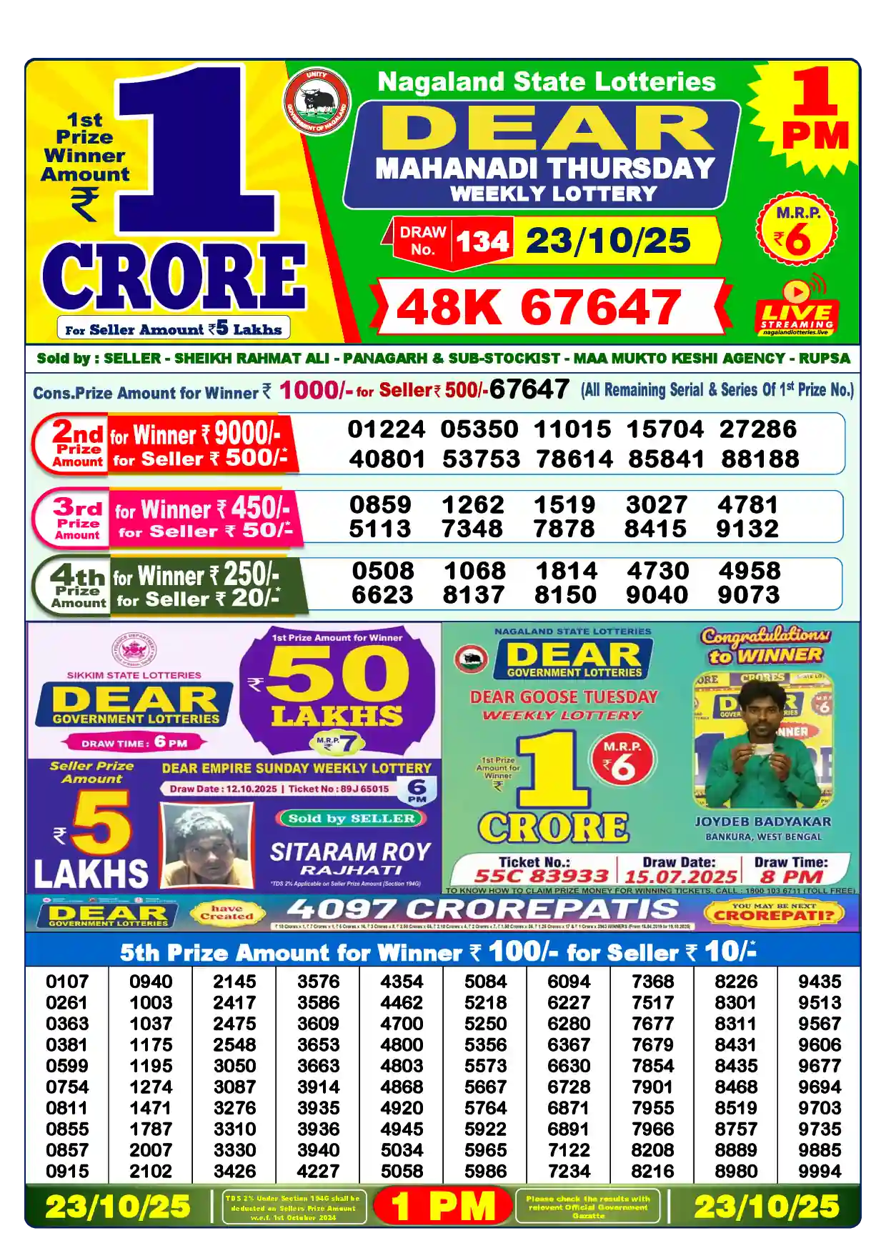 Lottery Sambad 23.10.25 Dear Lottery Result 1pm
