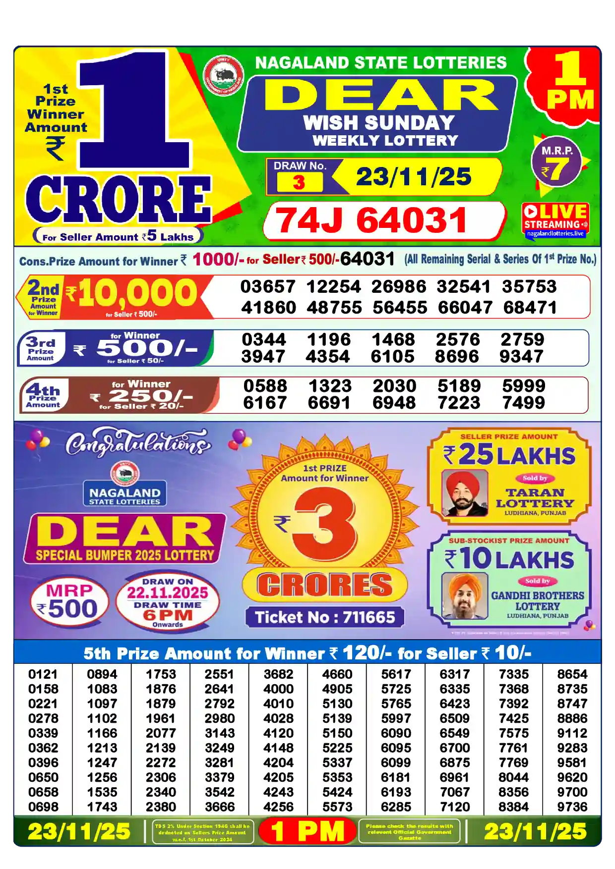 Lottery Sambad 23.11.25 Dear Lottery Result 1pm