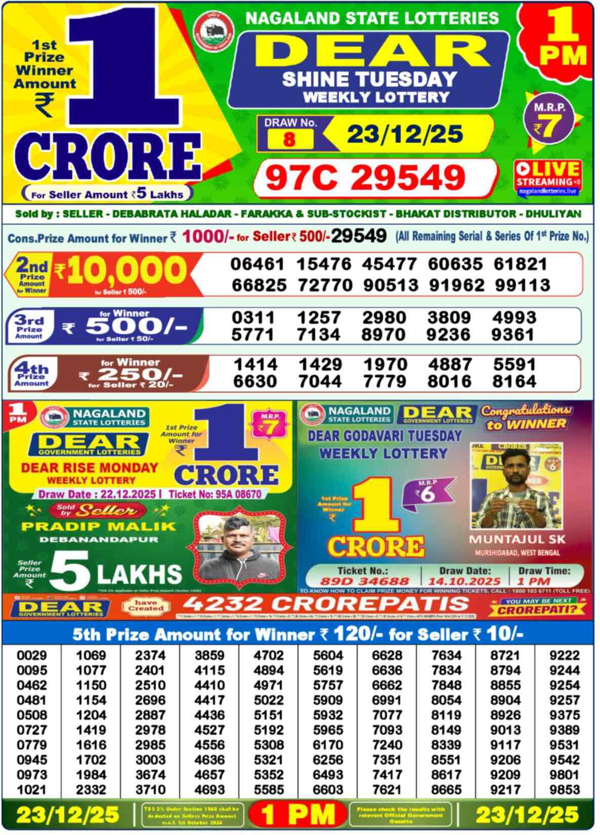 Lottery Sambad 23.12.25 Dear Lottery Result 1pm
