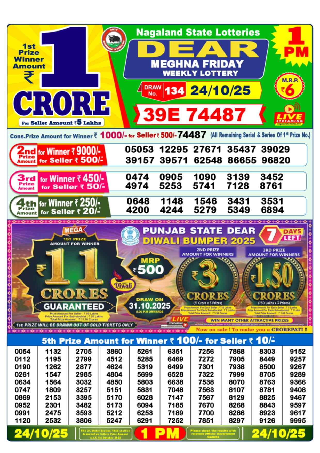 Lottery Sambad 24.10.25 Dear Lottery Result 1pm