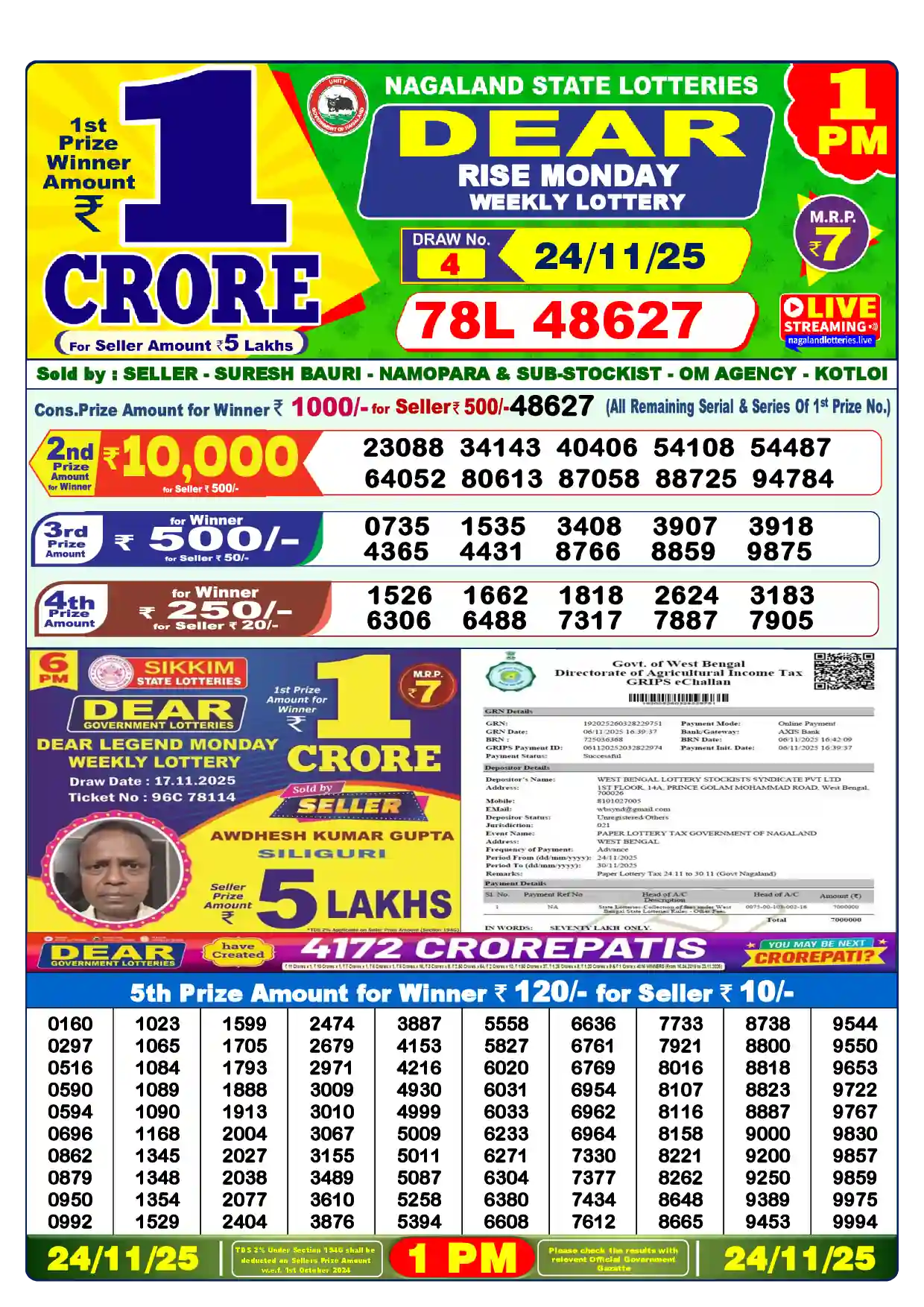 Lottery Sambad 24.11.25 Dear Lottery Result 1pm