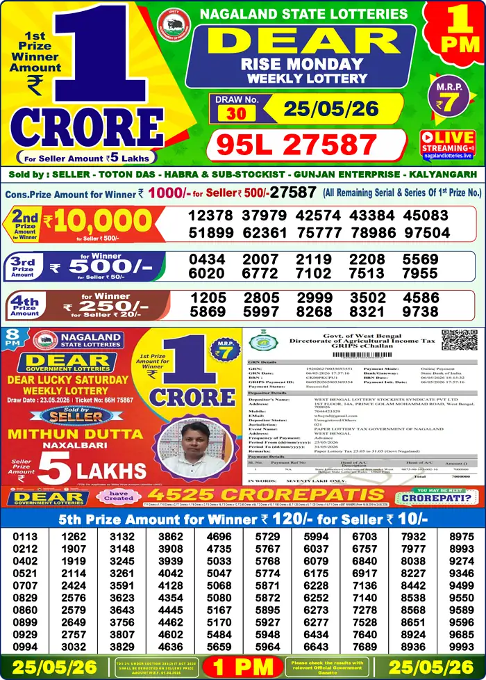 Lottery Sambad 25.05.26 Dear Lottery Result 1pm