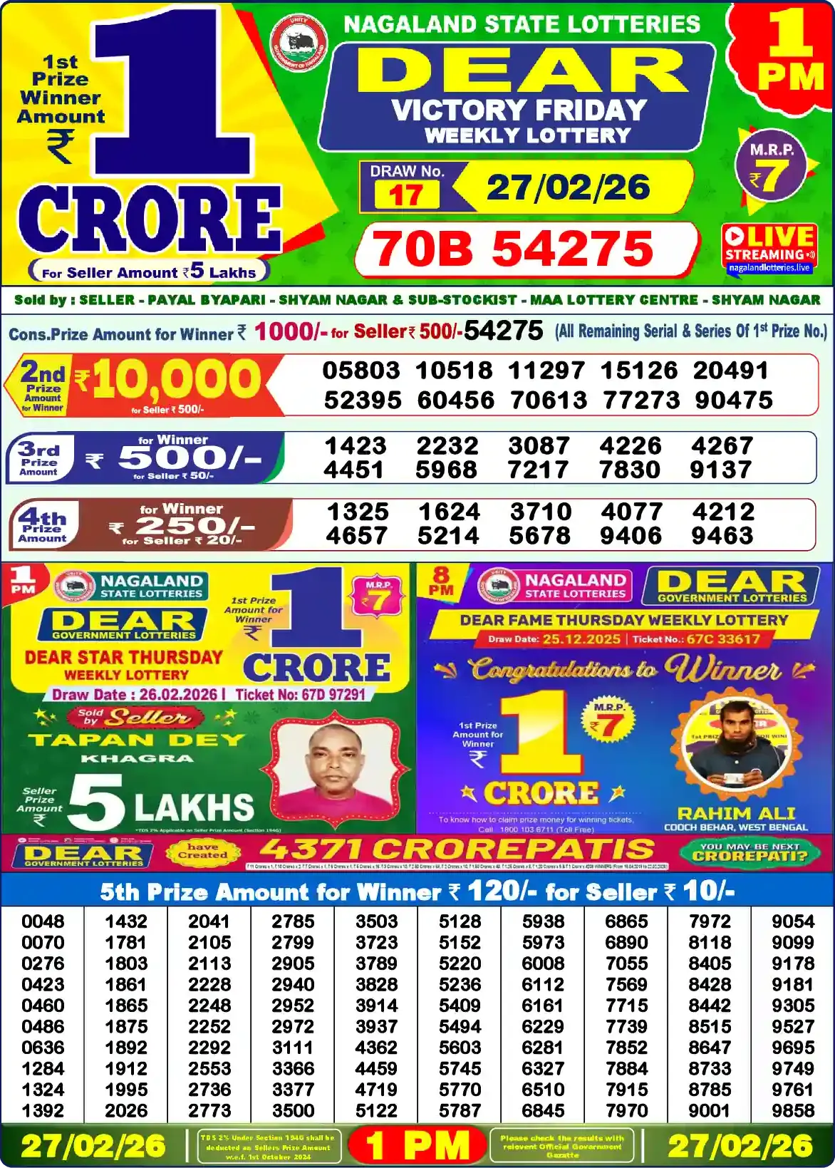 Lottery Sambad 27.02.26 Dear Lottery Result 1pm
