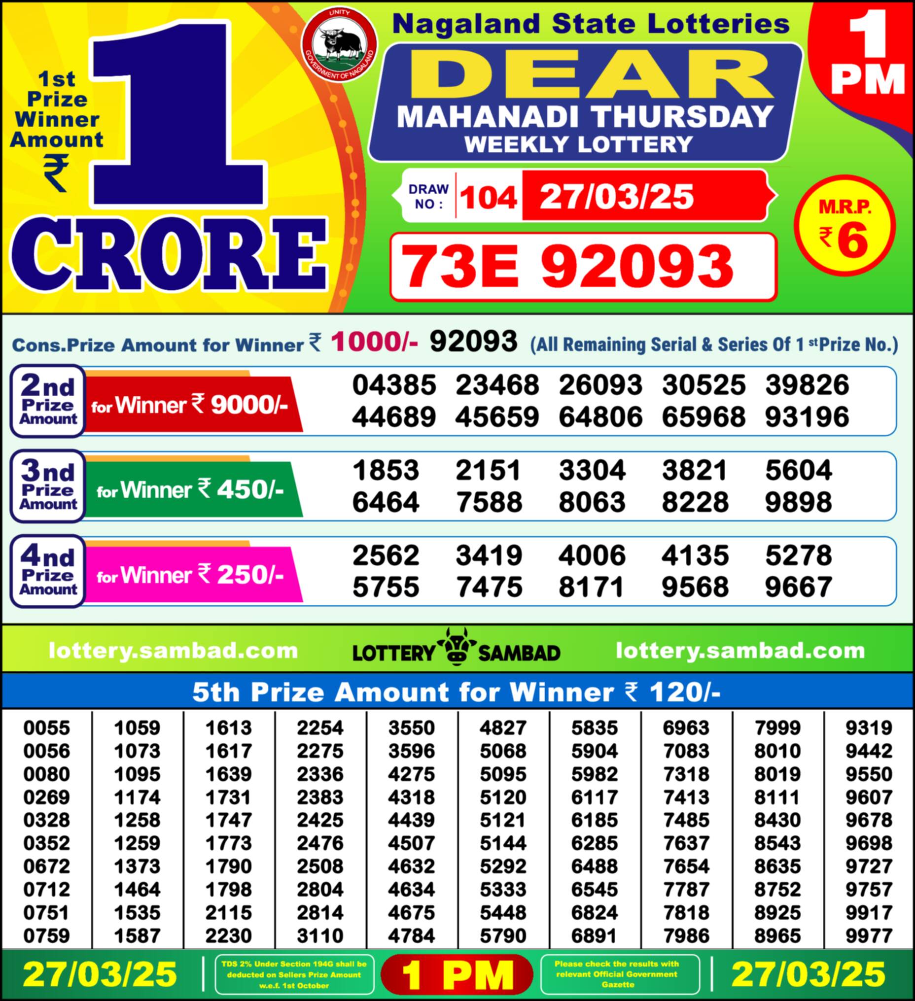 Lottery Sambad 27.03.25 Dear Lottery Result 1pm