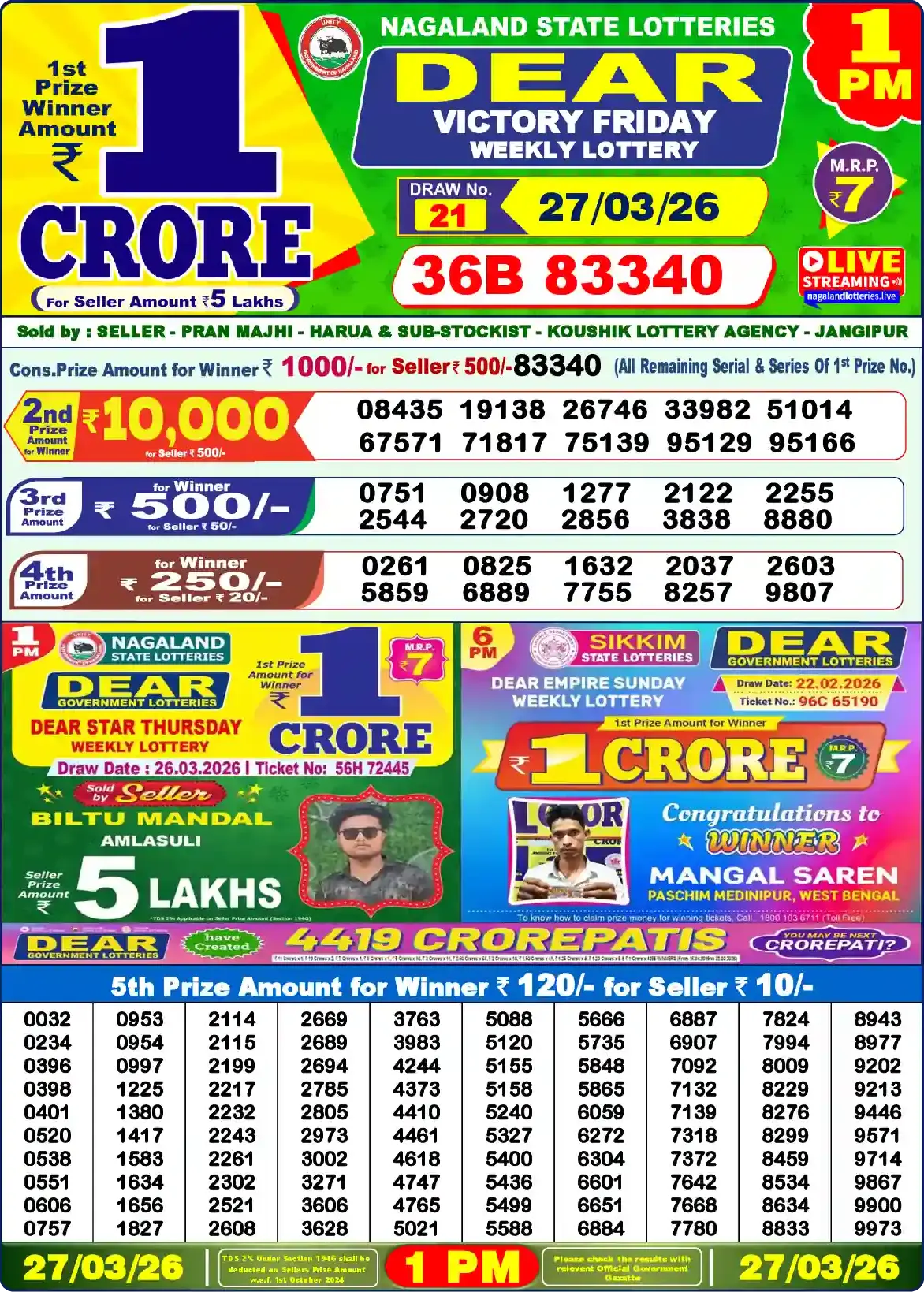 Lottery Sambad 27.03.26 Dear Lottery Result 1pm