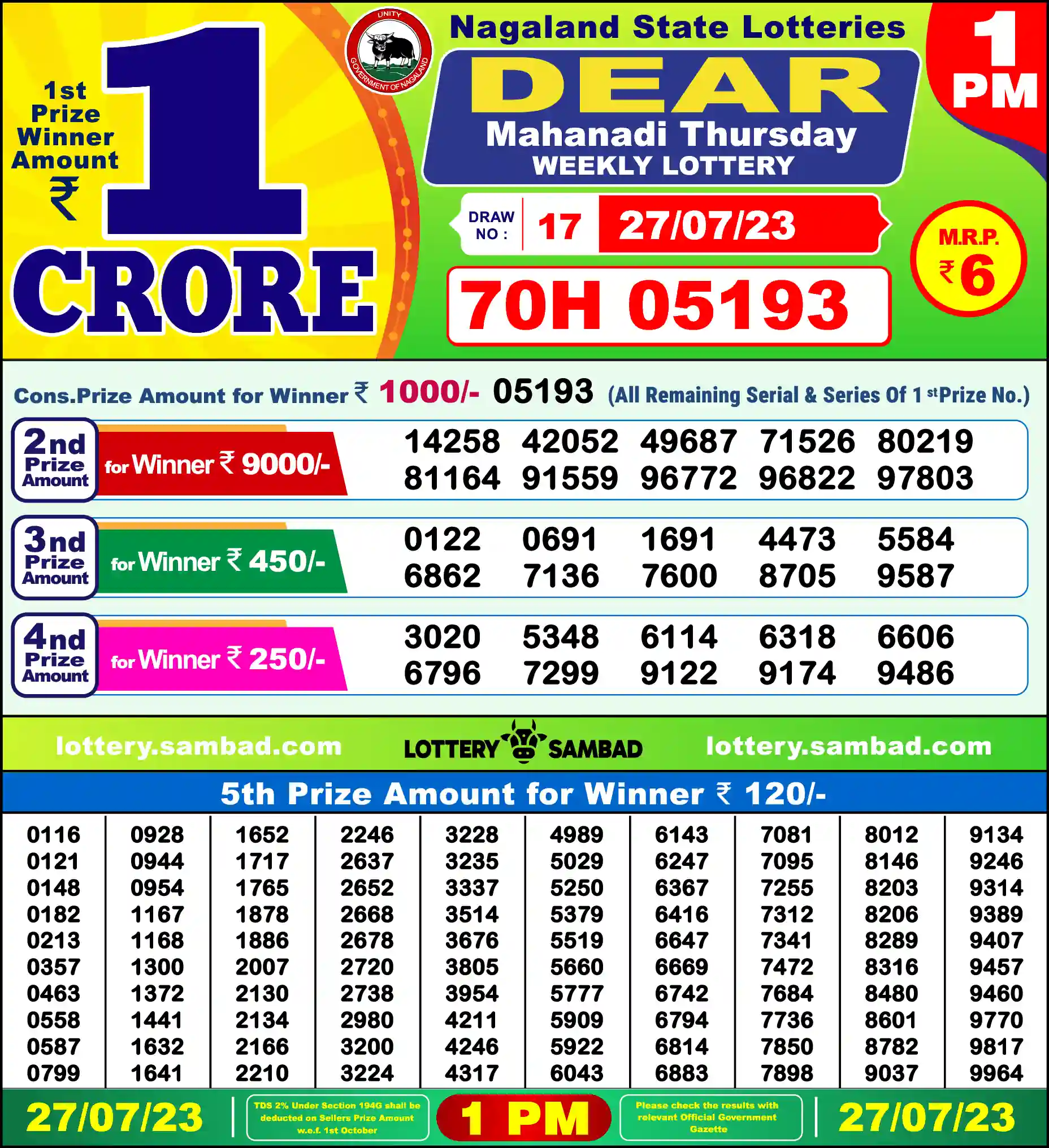 Lottery Sambad 27.07.23 Dear Lottery Result 1pm