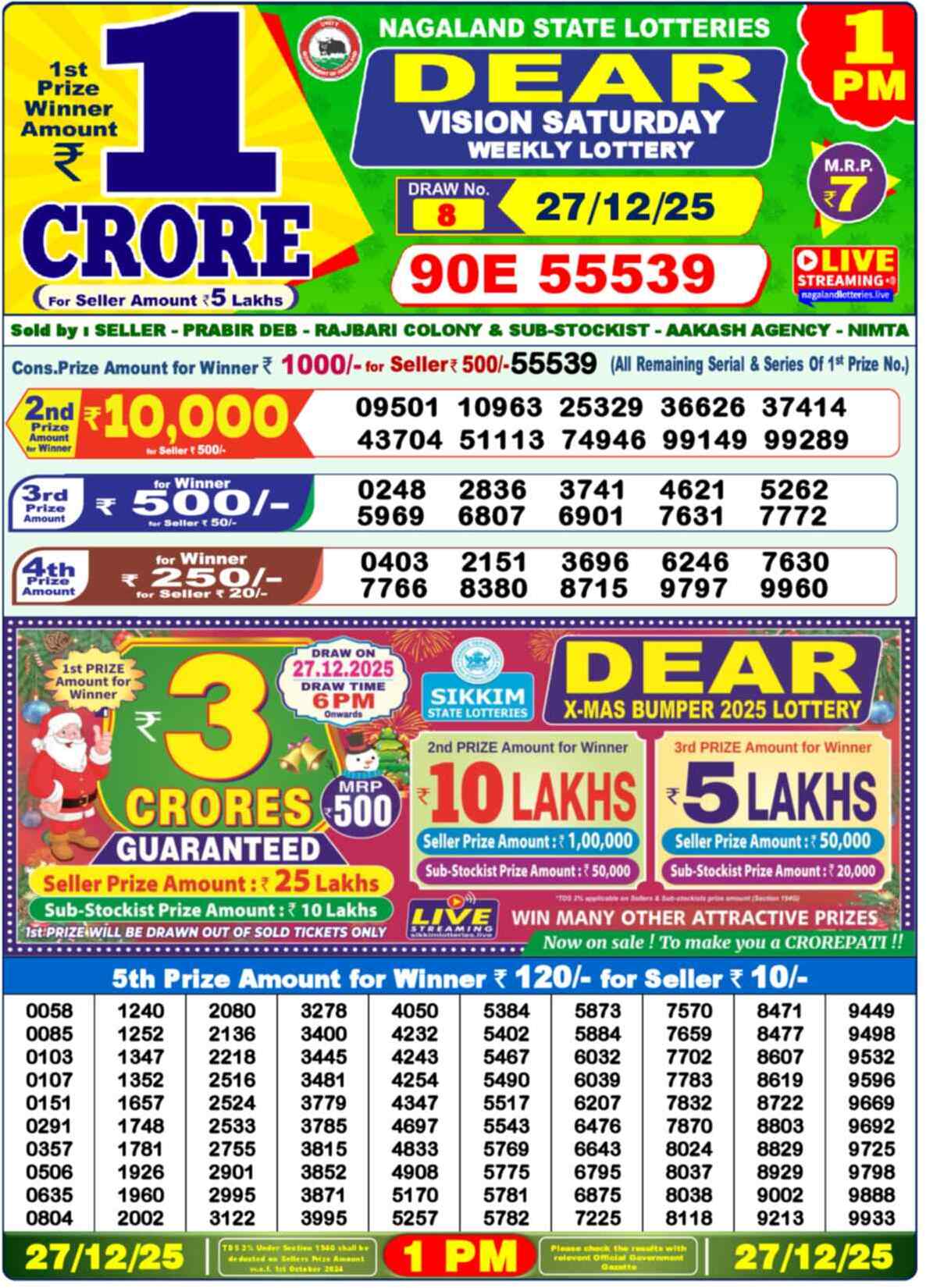 Lottery Sambad Today Result 1pm 27 December 2025