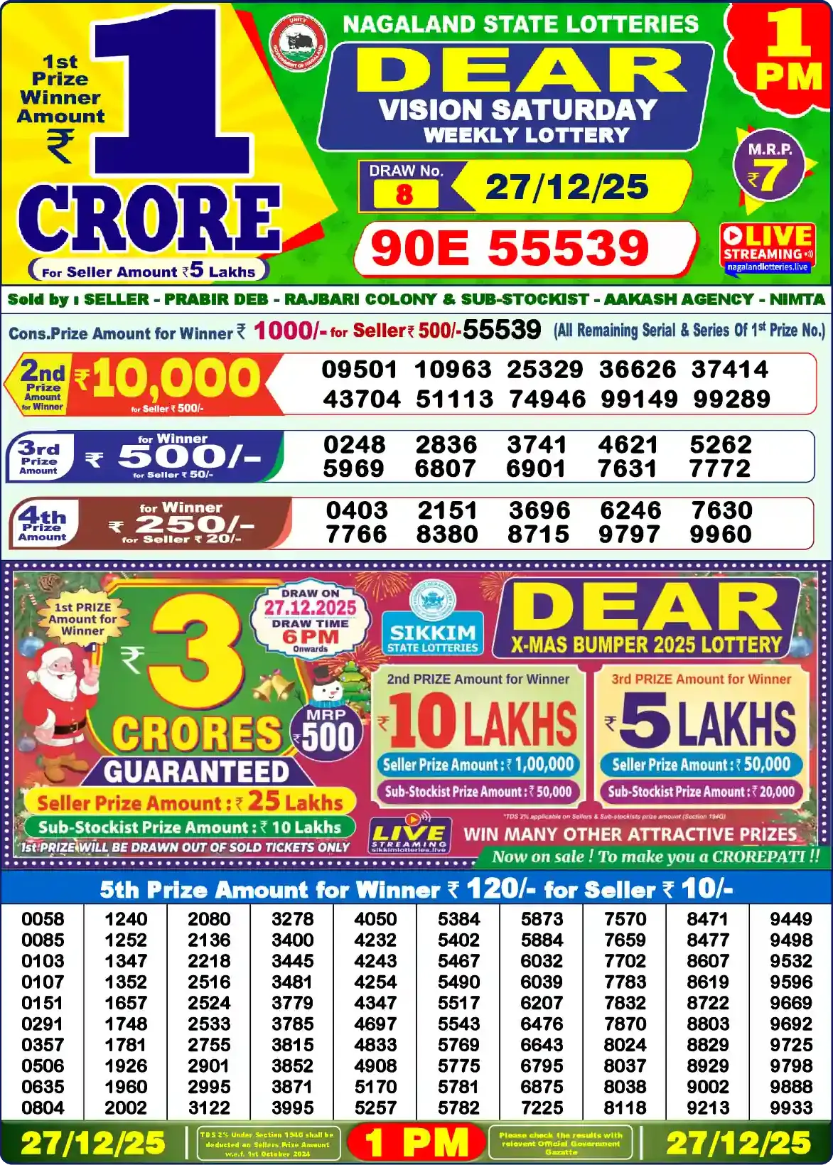 Lottery Sambad 27.12.25 Dear Lottery Result 1pm