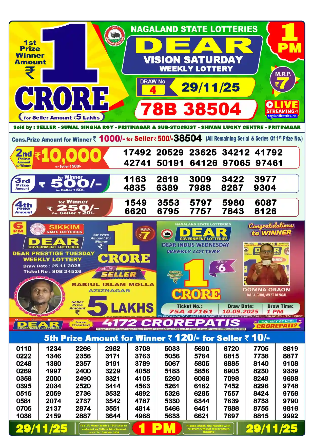 Lottery Sambad 29.11.25 Dear Lottery Result 1pm