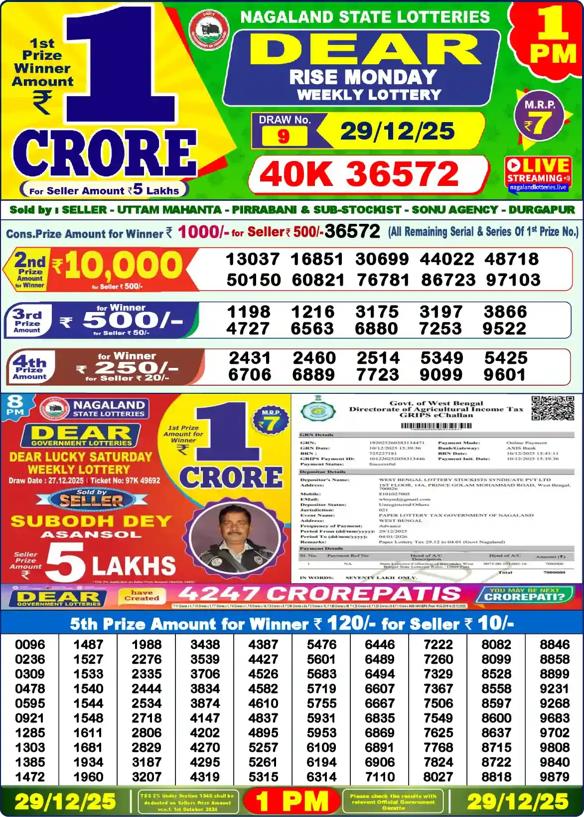 Lottery Sambad 29.12.25 Dear Lottery Result 1pm
