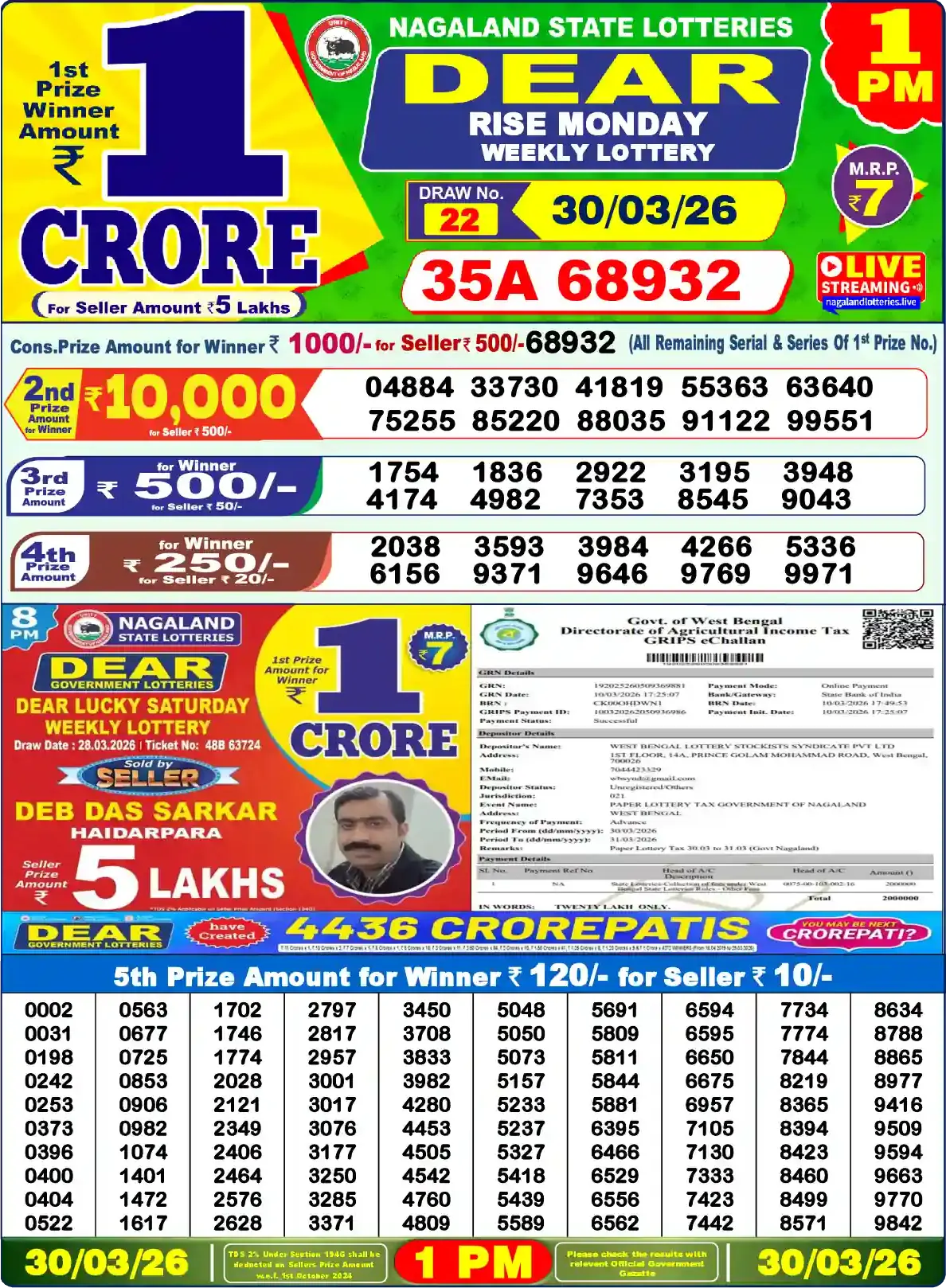 Lottery Sambad 30.03.26 Dear Lottery Result 1pm
