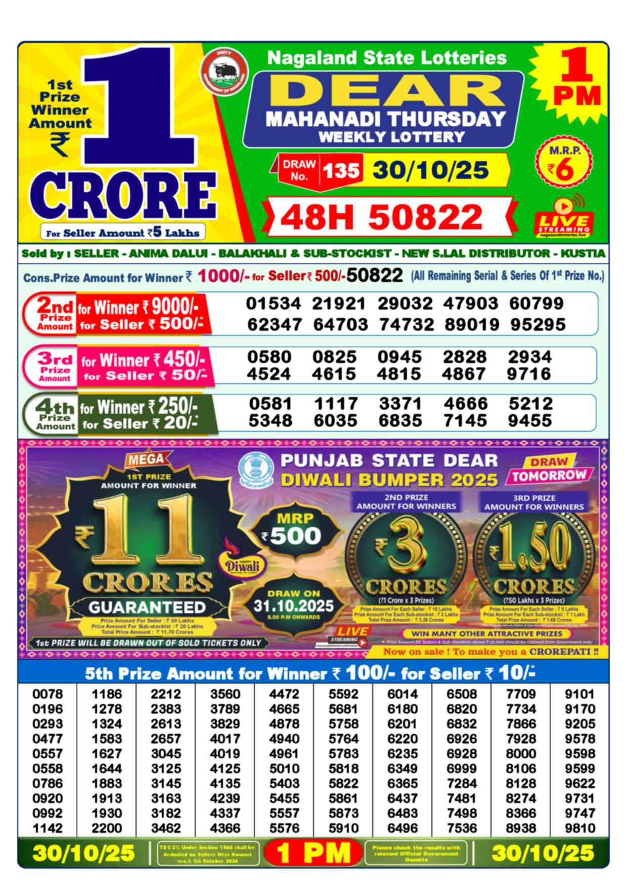 Lottery Sambad 30.10.25 Dear Lottery Result 1pm