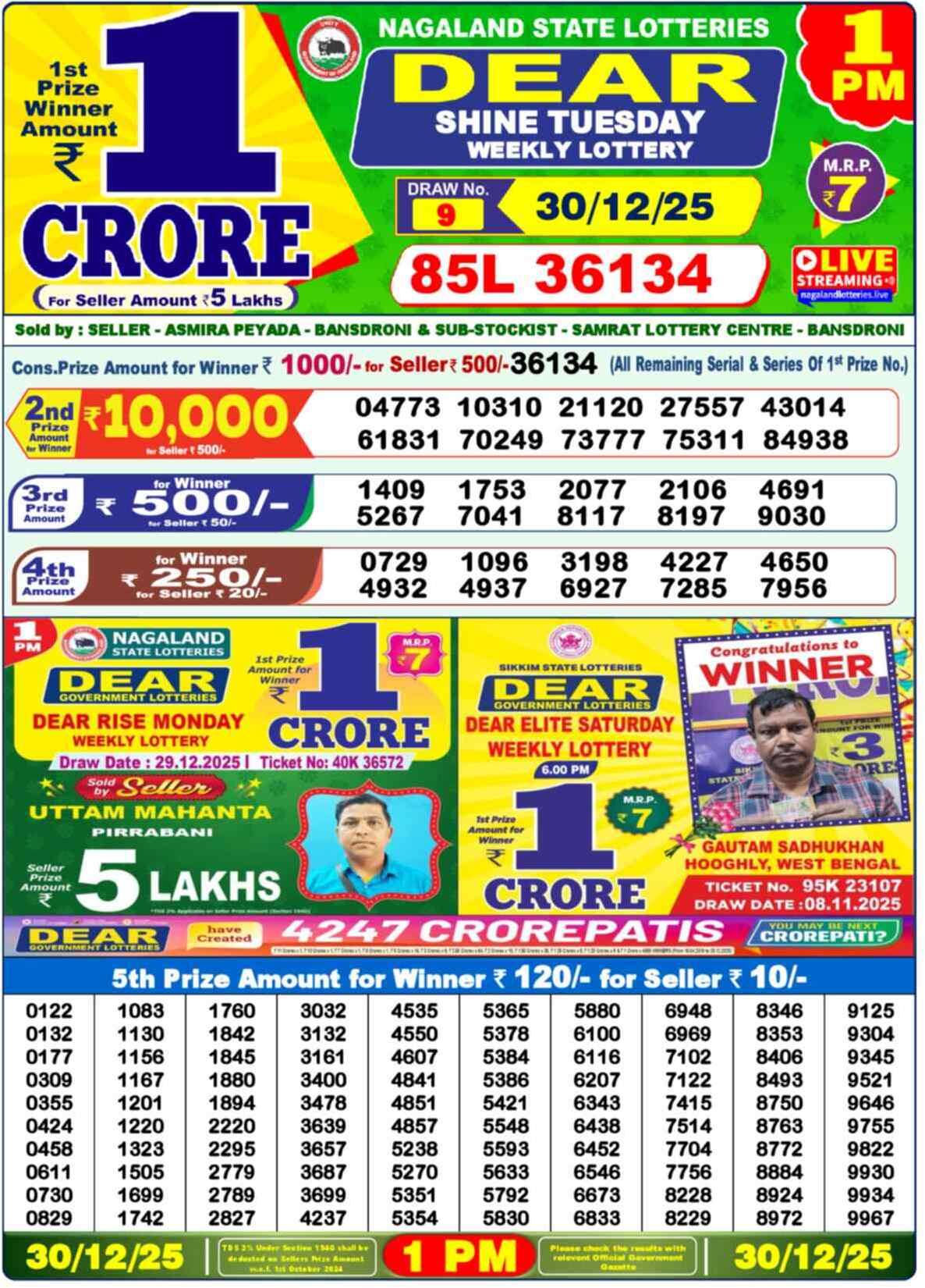 Lottery Sambad Yesterday Result 1pm 30 December 2025