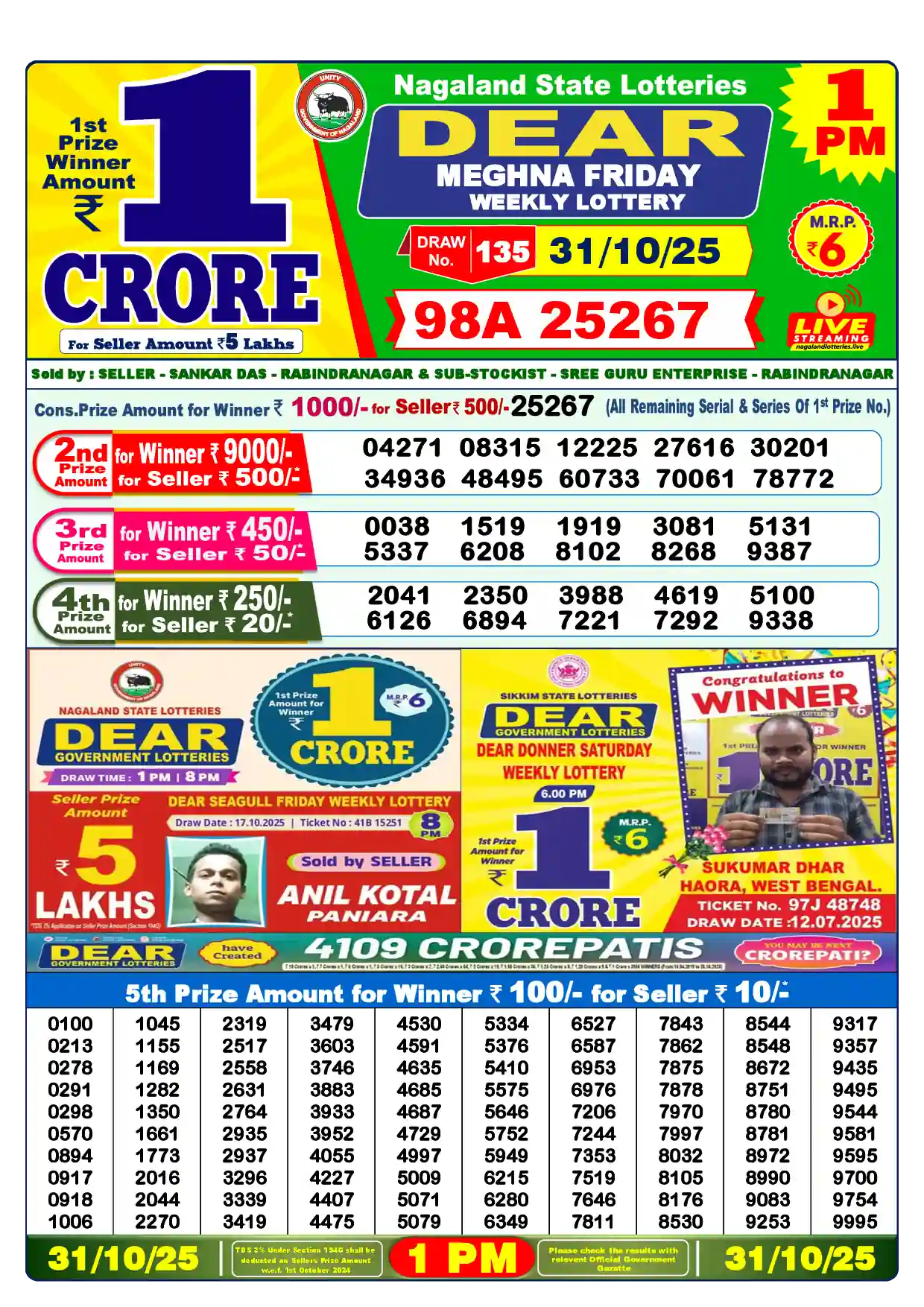 Lottery Sambad 31.10.25 Dear Lottery Result 1pm
