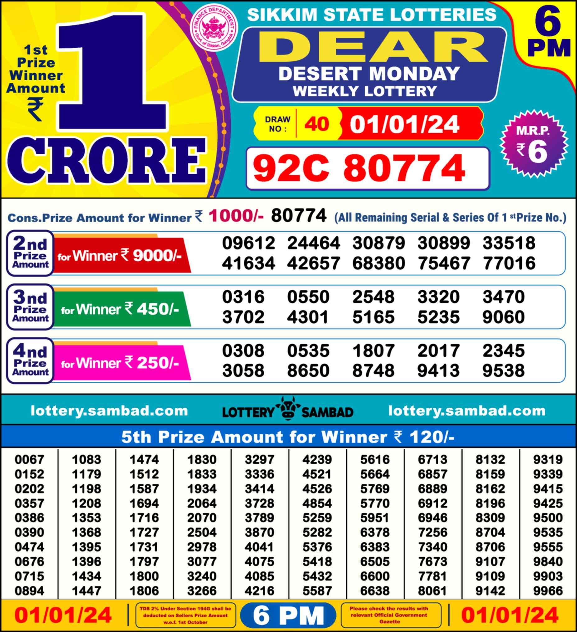 Lottery Sambad 01.01.24 Dear Lottery Result 6pm