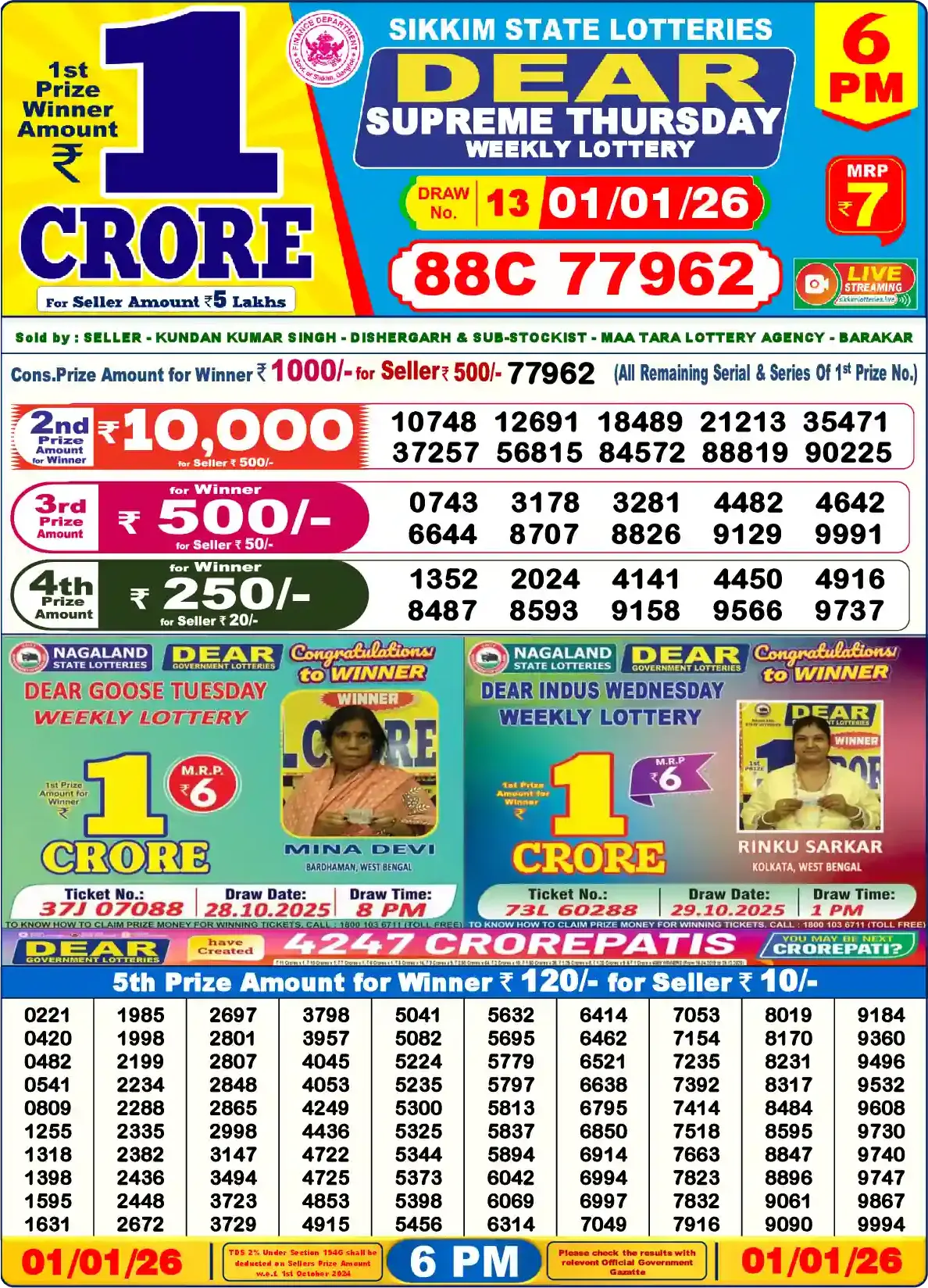 Lottery Sambad 01.01.26 Dear Lottery Result 6pm