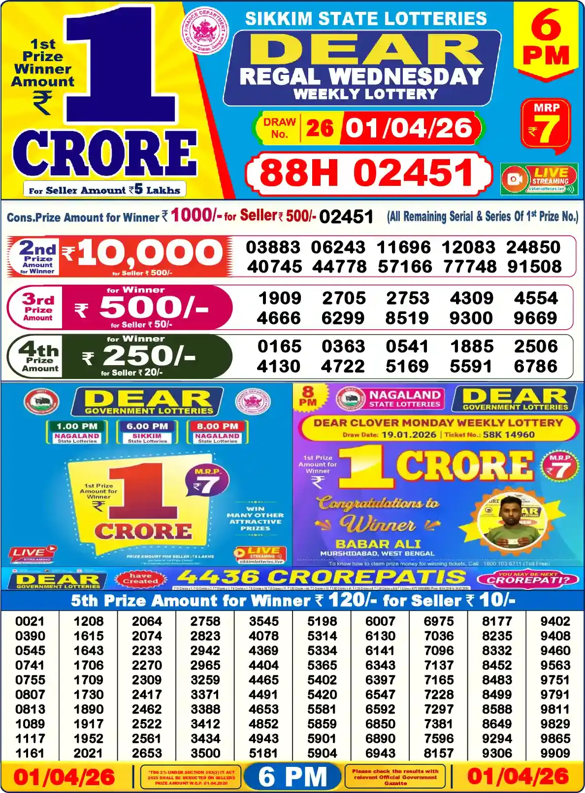 Lottery Sambad 01.04.26 Dear Lottery Result 6pm