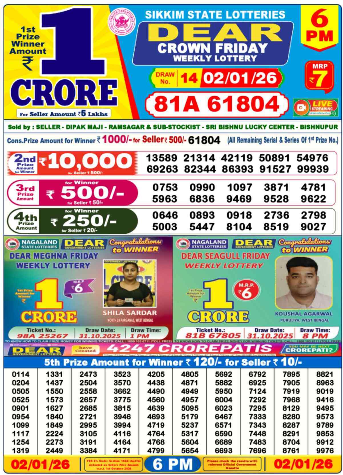 Lottery Sambad 02.01.26 Dear Lottery Result 6pm