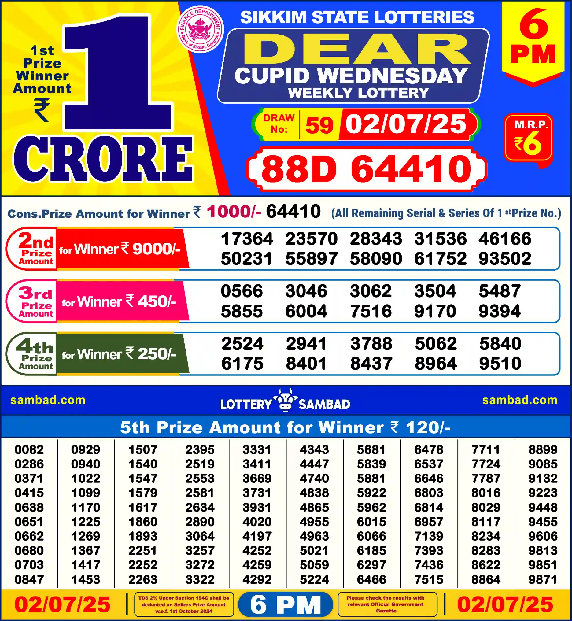 Lottery Sambad 02.07.25 Dear Lottery Result 6pm