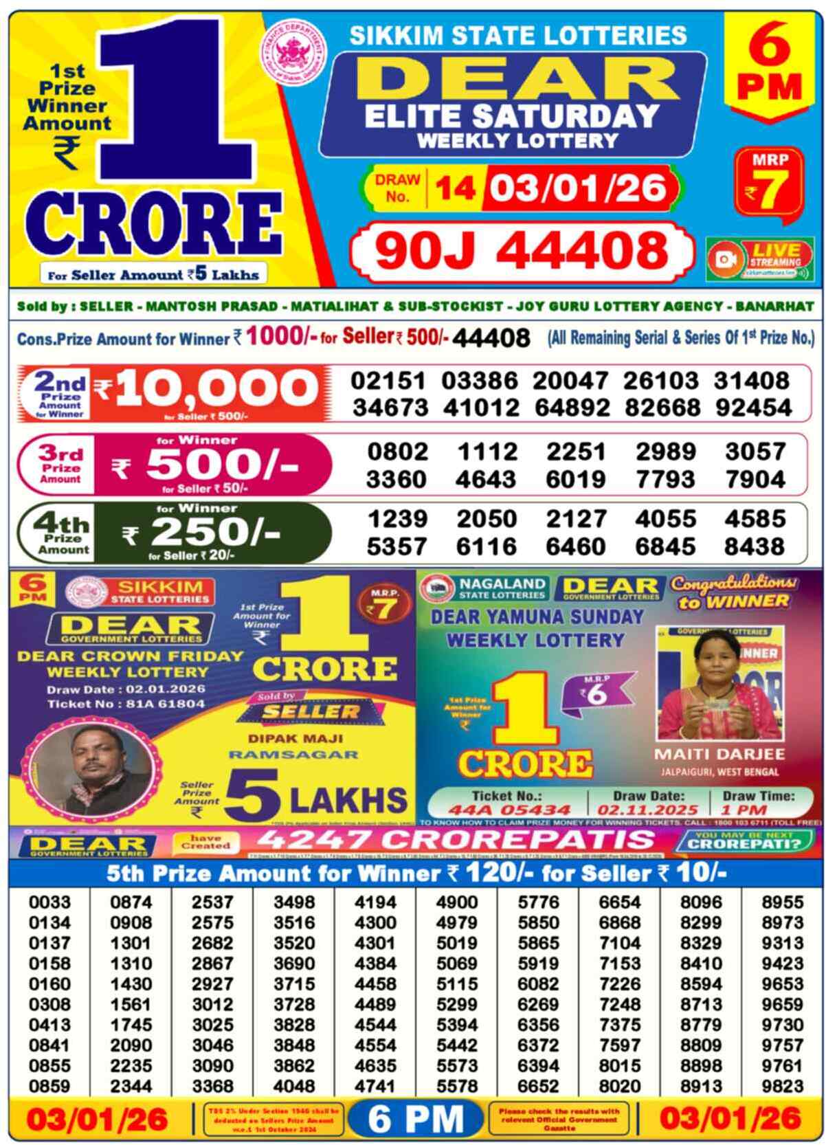Lottery Sambad Yesterday Result 6pm 03 January 2026
