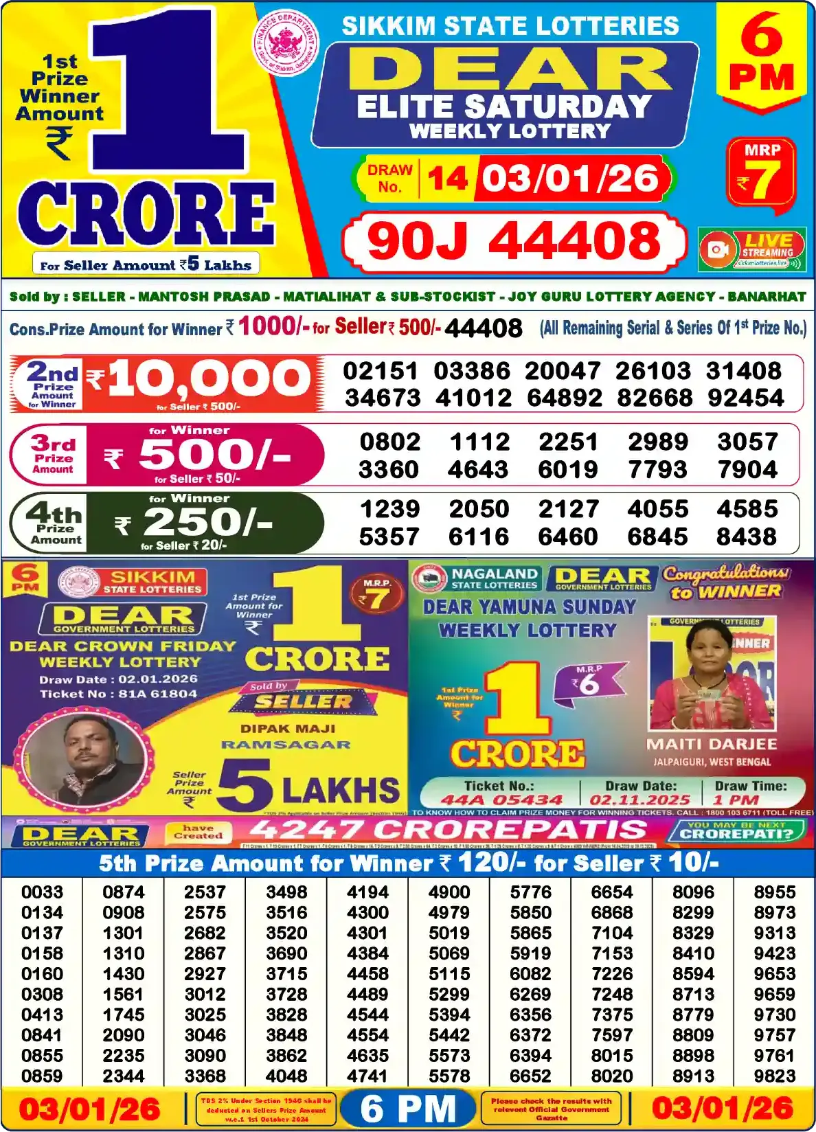 Lottery Sambad 03.01.26 Dear Lottery Result 6pm