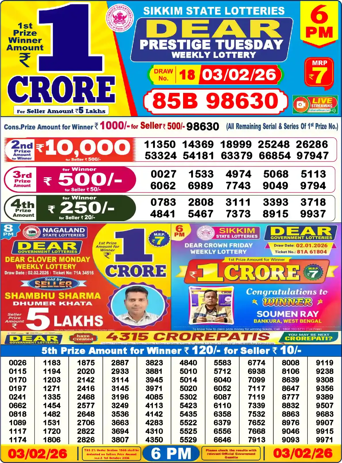 Lottery Sambad 03.02.26 Dear Lottery Result 6pm