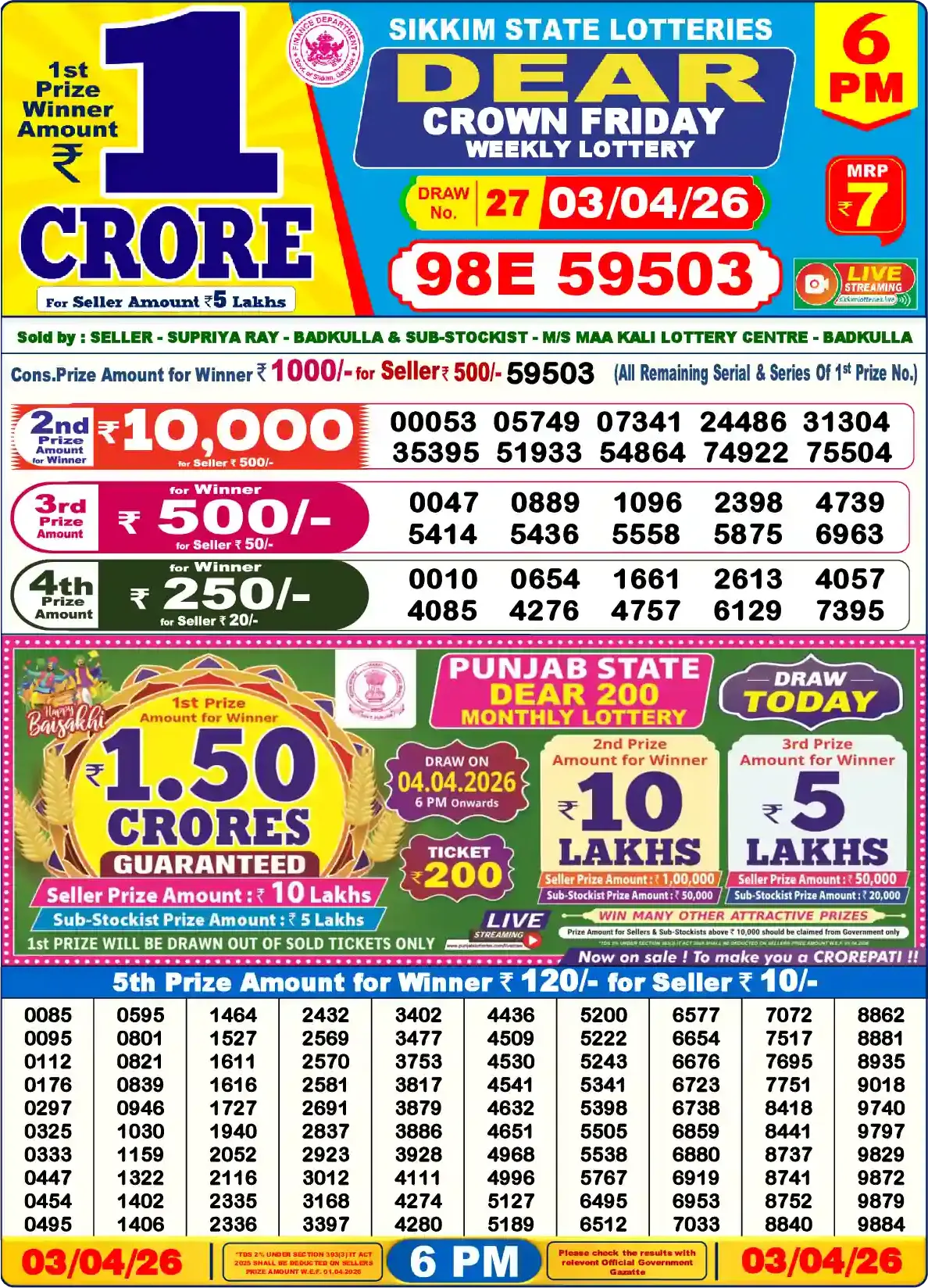 Lottery Sambad 03.04.26 Dear Lottery Result 6pm