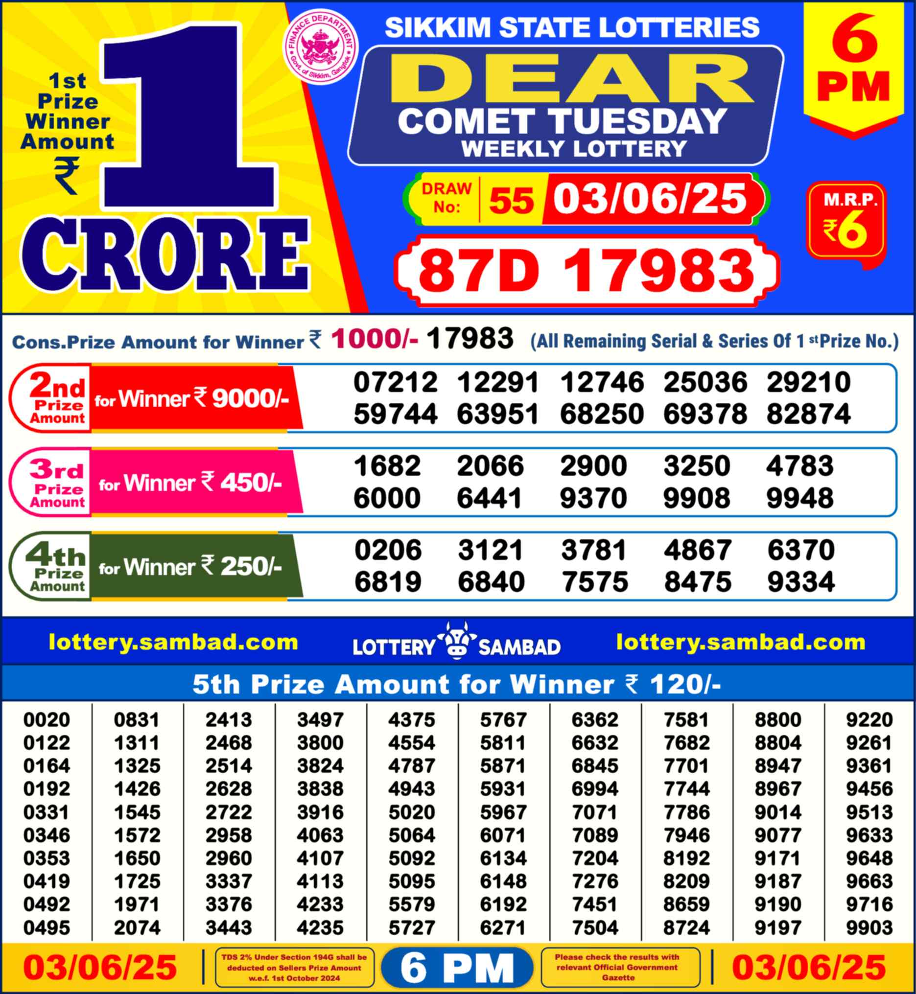 Lottery Sambad 03.06.25 Dear Lottery Result 6pm