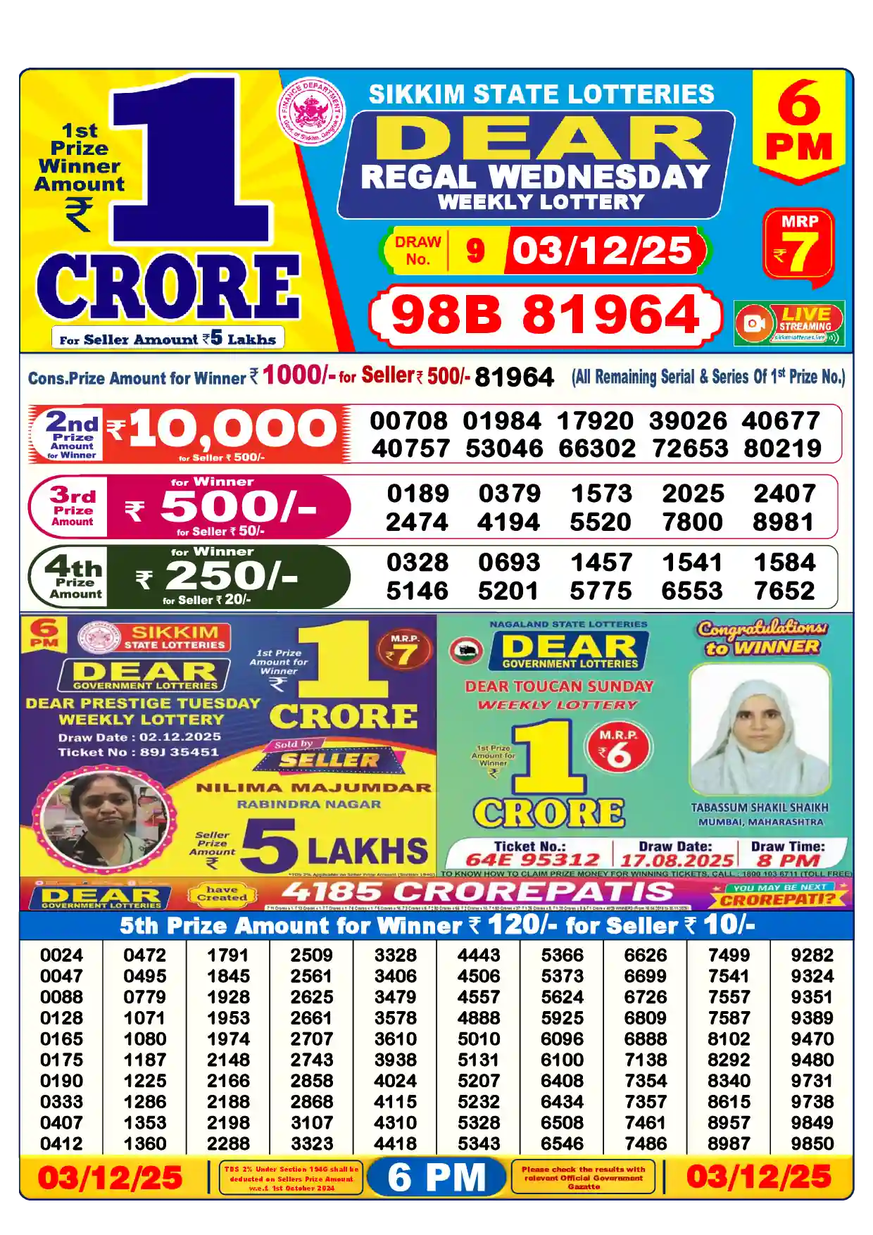Lottery Sambad 03.12.25 Dear Lottery Result 6pm