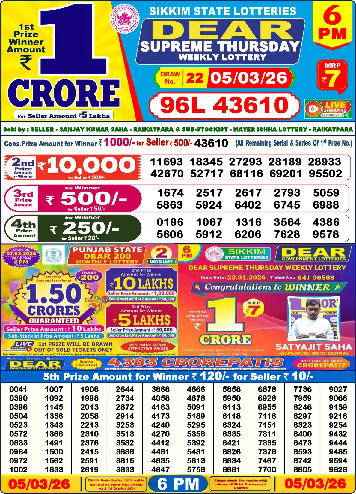 Lottery Sambad 05.03.26 Dear Lottery Result 6pm