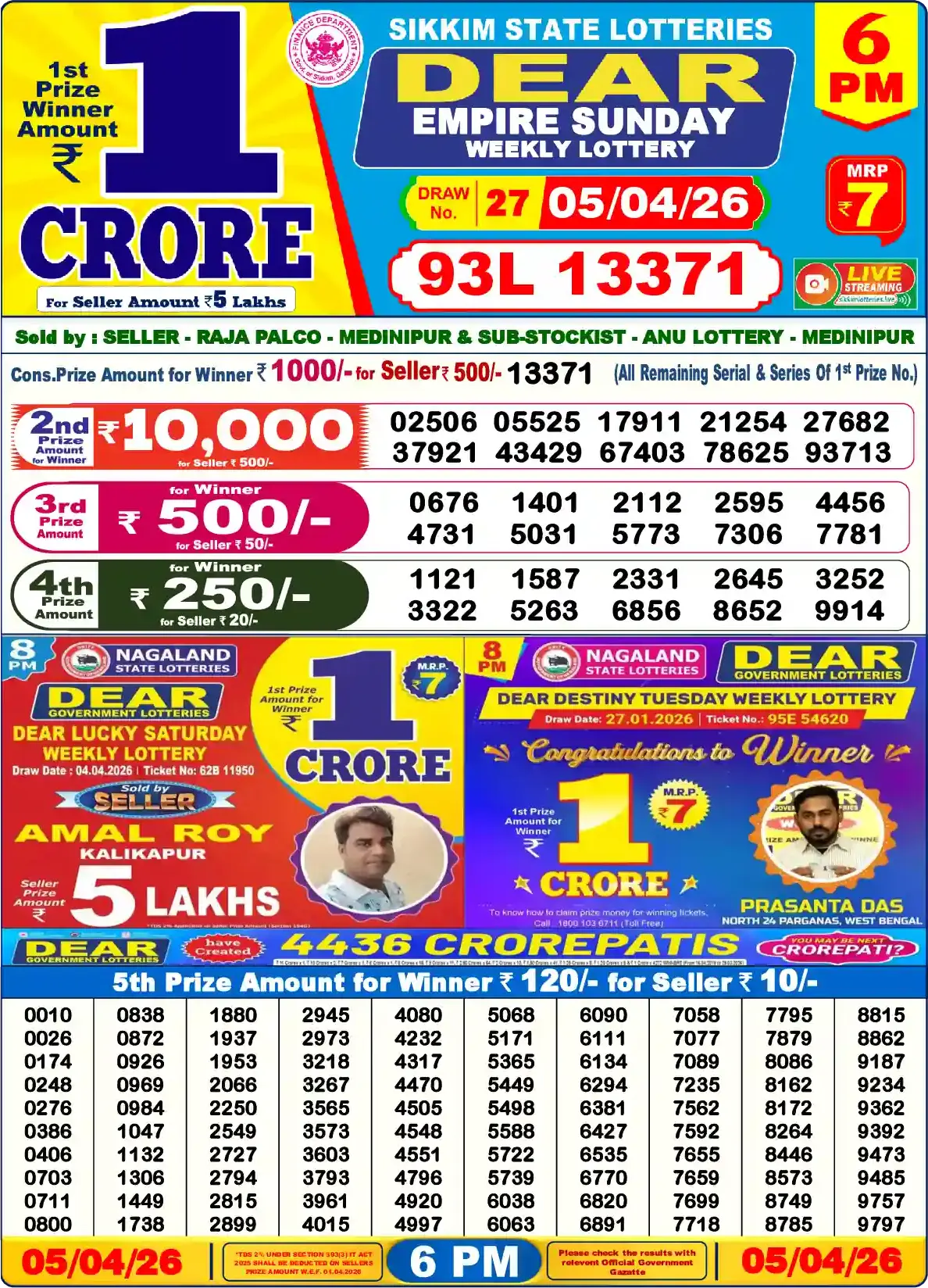 Lottery Sambad 05.04.26 Dear Lottery Result 6pm
