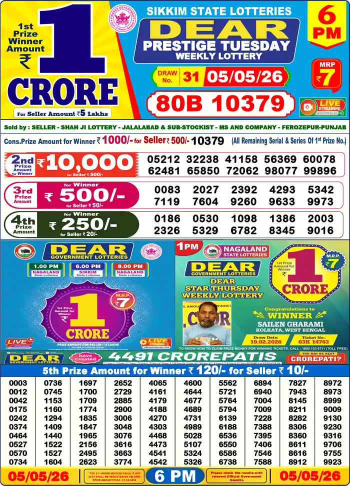 Lottery Sambad 05.05.26 Dear Lottery Result 6pm