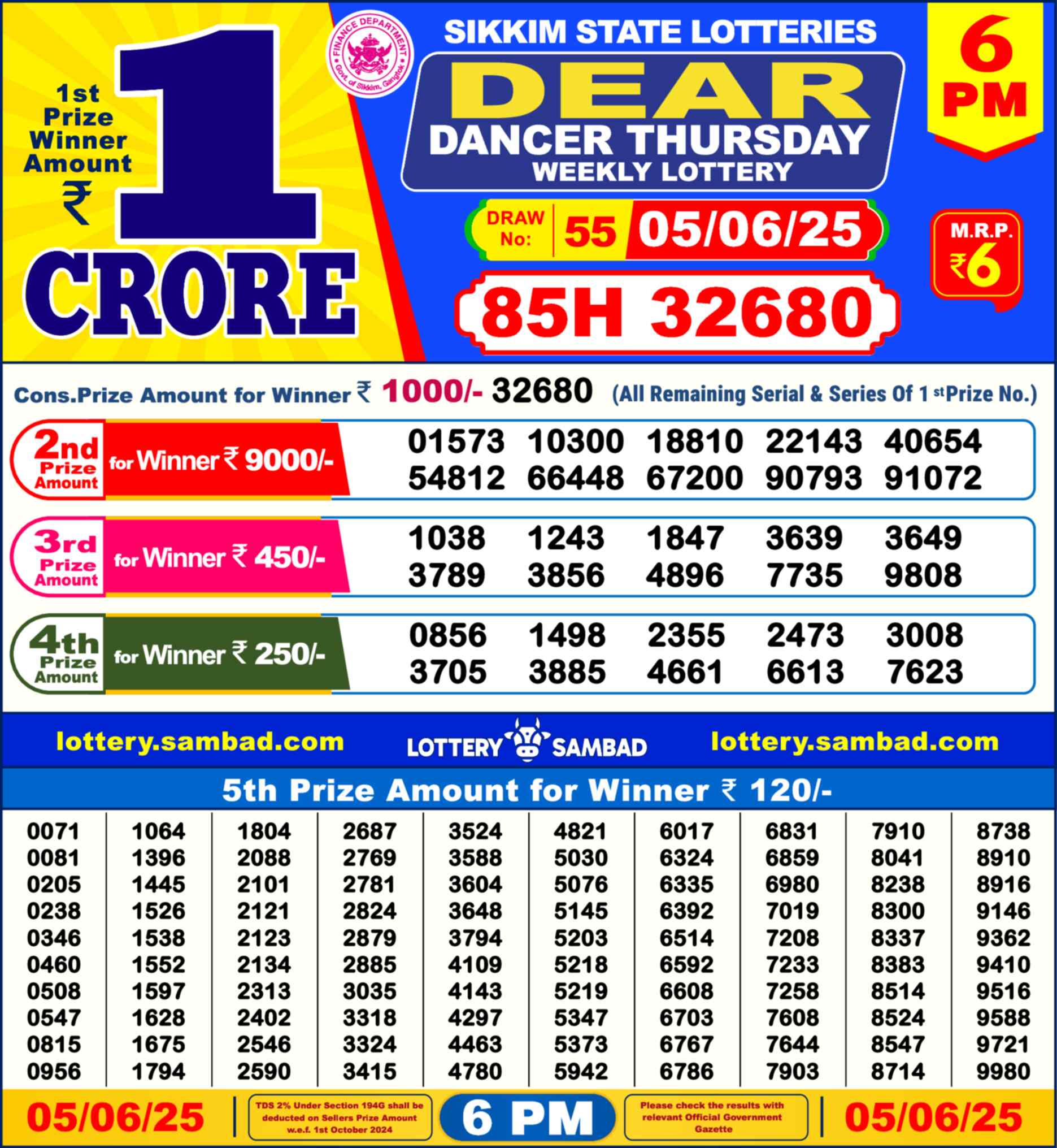 Lottery Sambad 05.06.25 Dear Lottery Result 6pm