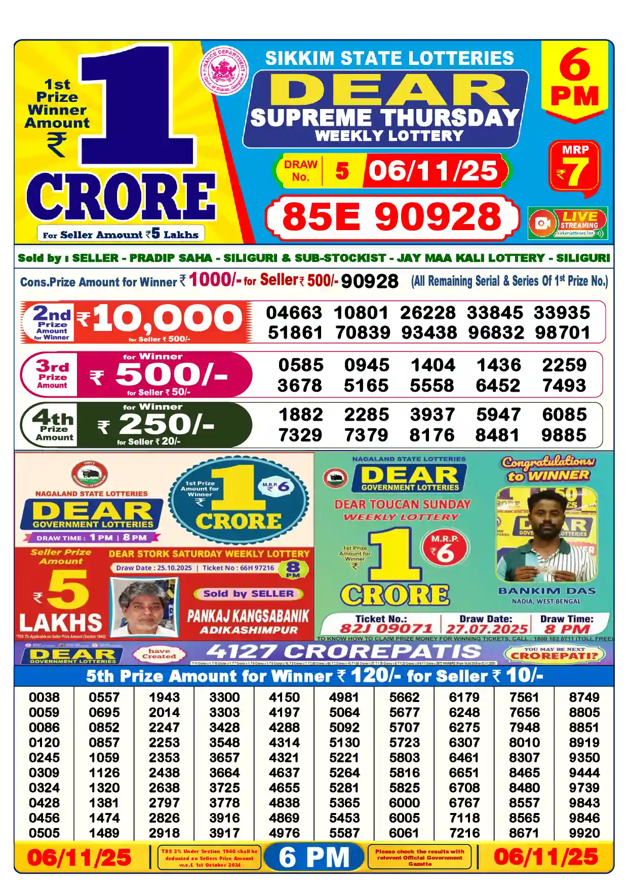 Lottery Sambad 06.11.25 Dear Lottery Result 6pm