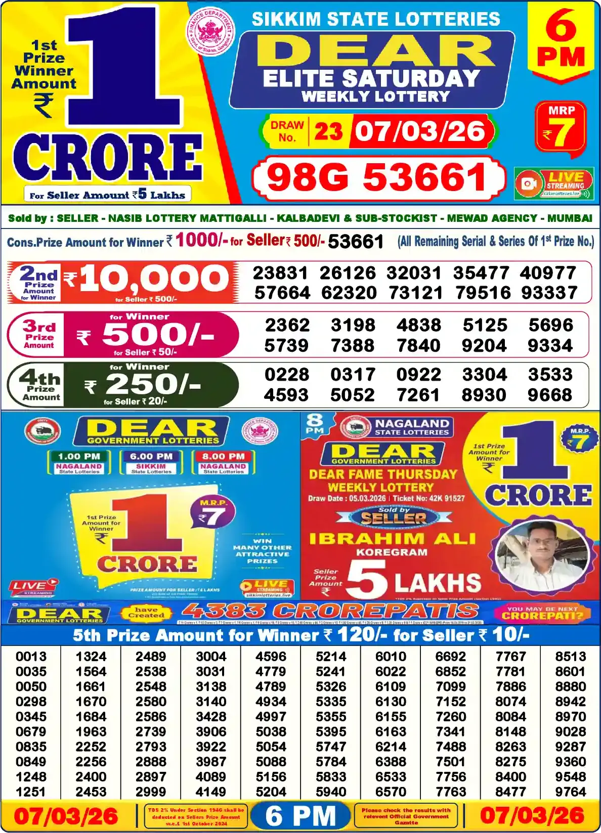 Lottery Sambad 07.03.26 Dear Lottery Result 6pm