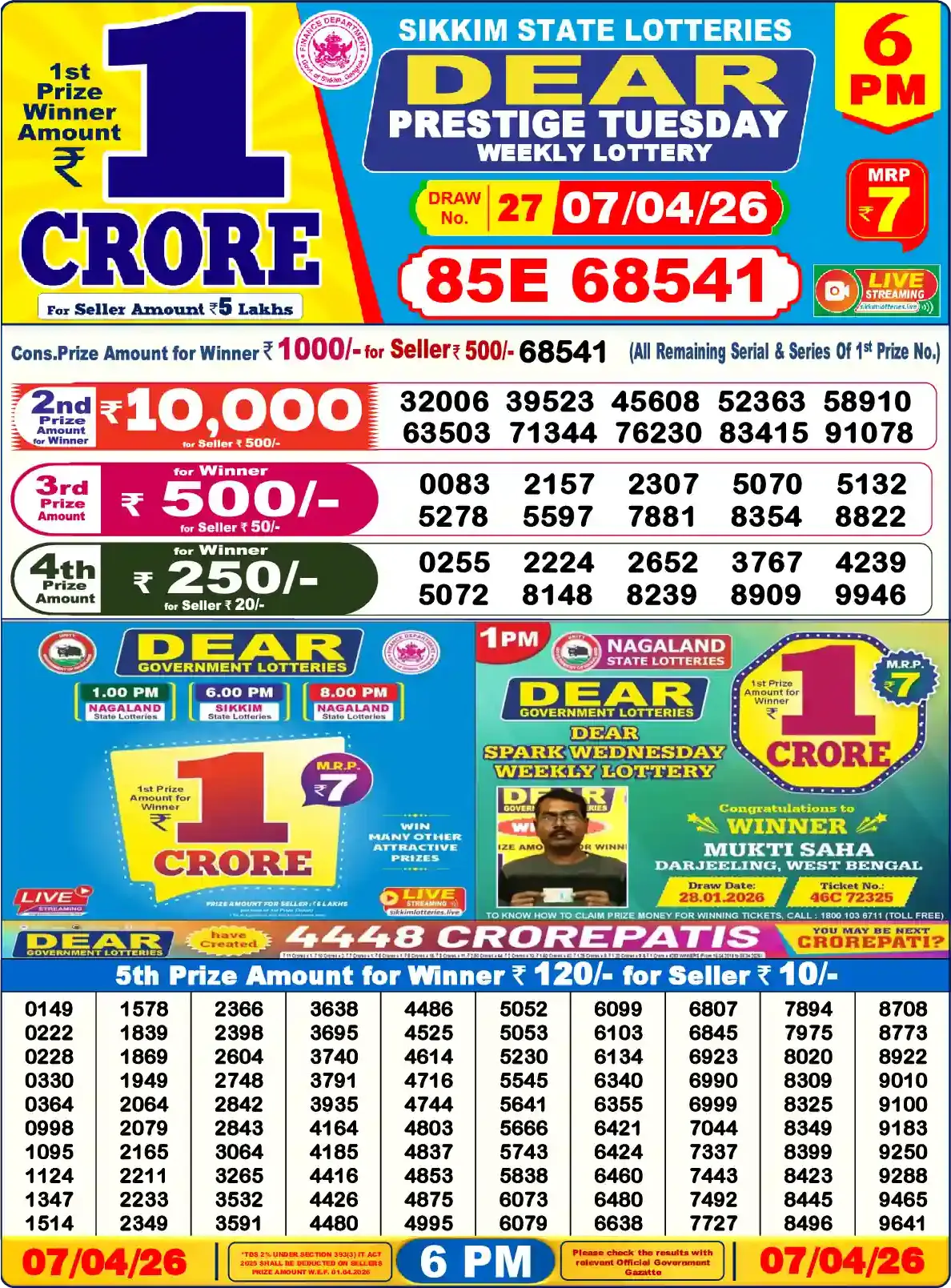 Lottery Sambad 07.04.26 Dear Lottery Result 6pm