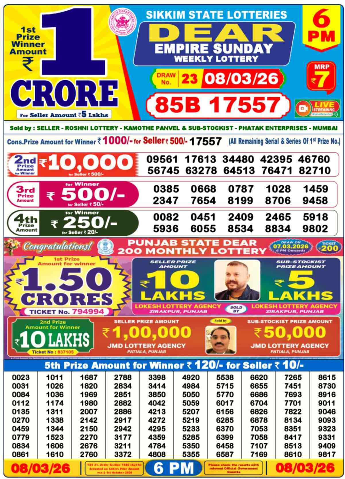 Lottery Sambad 08.03.26 Dear Lottery Result 6pm